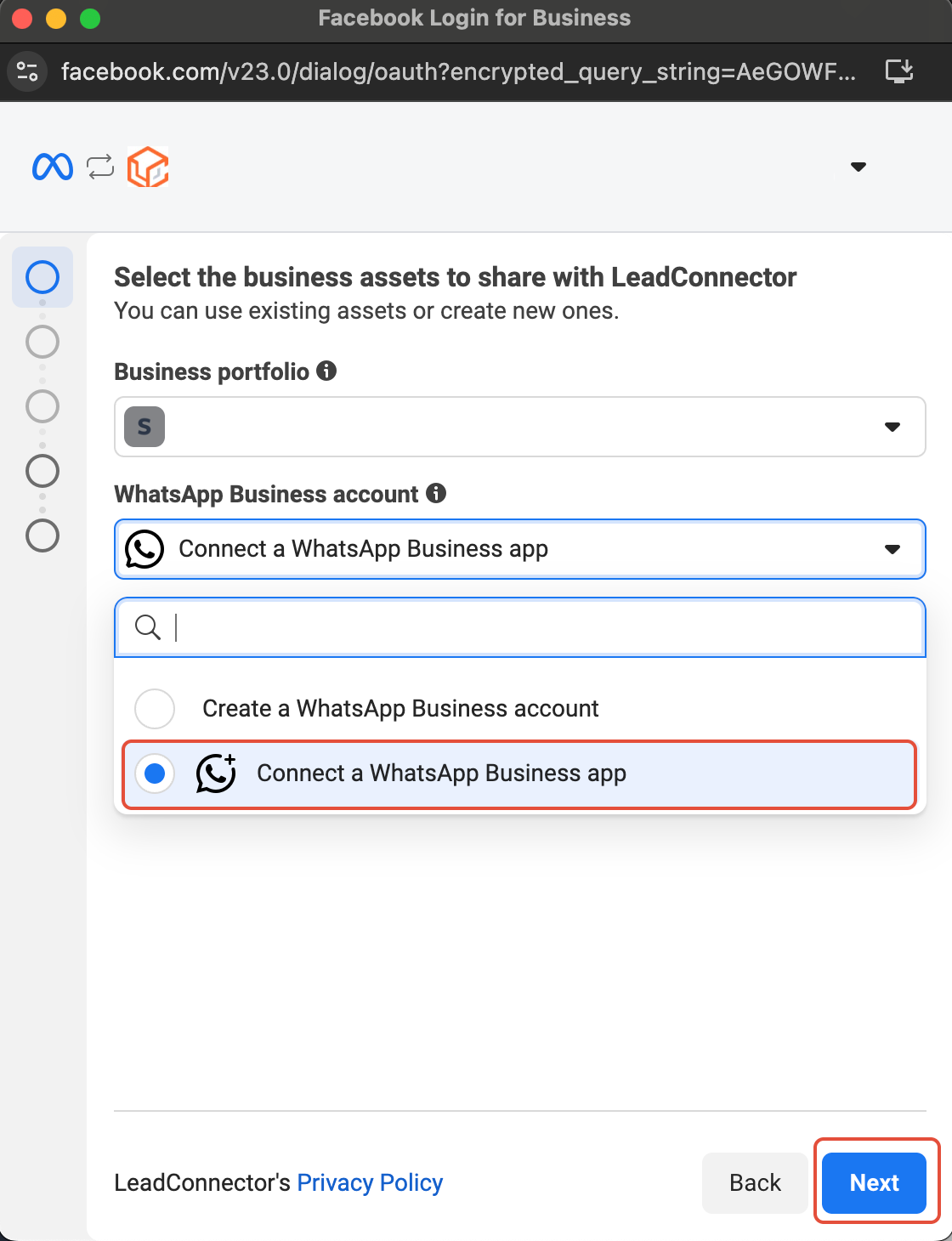 How to Enable WhatsApp in your account? – Click Connect a WhatsApp Business App, then tap Next.
