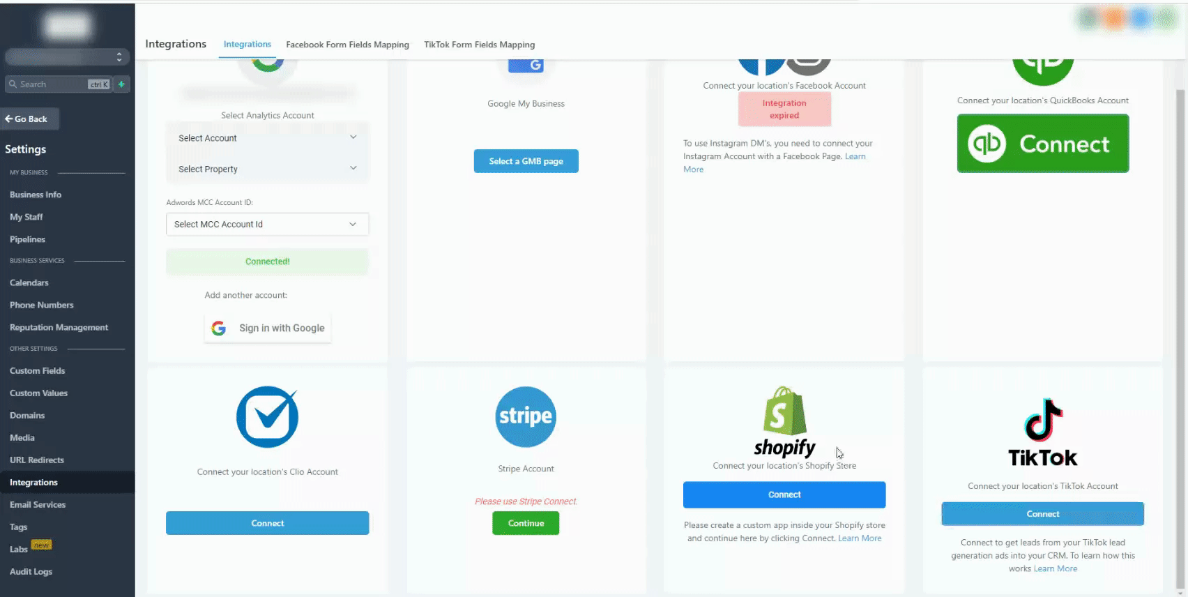 How to integrate TikTok Lead Ads – Step 2: Click on the 'integrations' tab & login