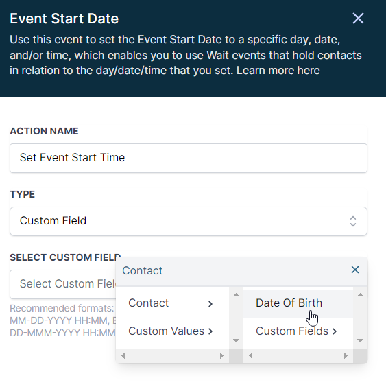 Set Event Start Date Event In Workflows – Step 2: Customize the Event Start Date/Time