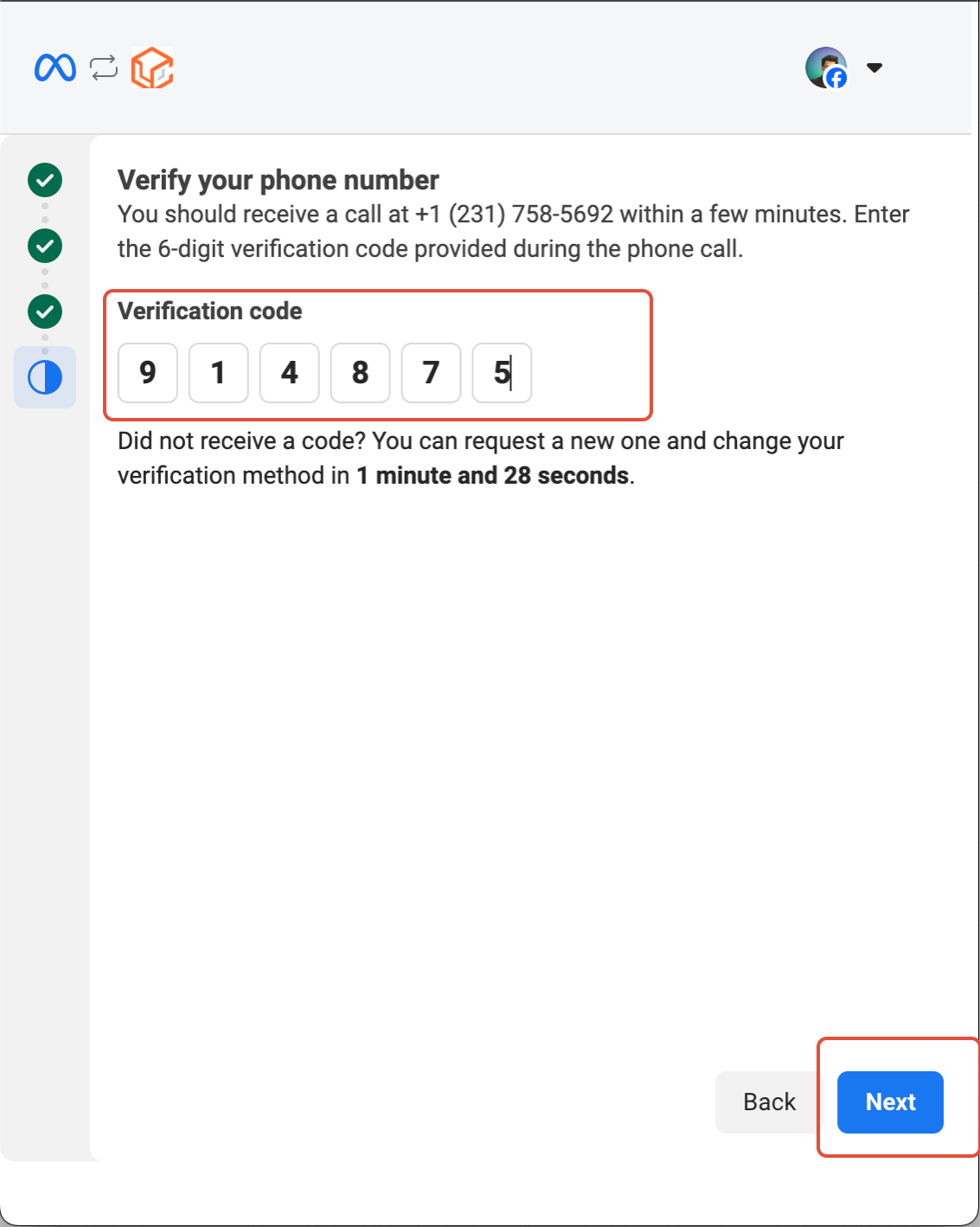 How to Enable WhatsApp in your account? – Enter the one-time password received by SMS or voice call, then click Next.
