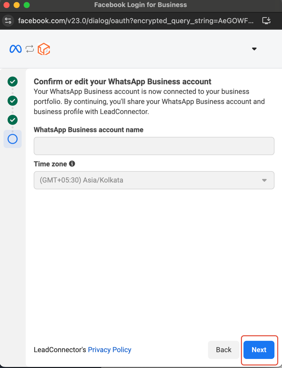 How to Enable WhatsApp in your account? – Review your WhatsApp Business Account details and make any corrections before proceeding.