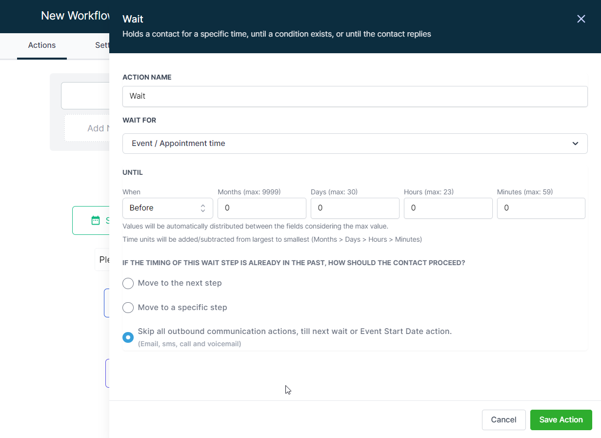Set Event Start Date Event In Workflows – Step 3: Add a Wait for Event/Appointment Time Action