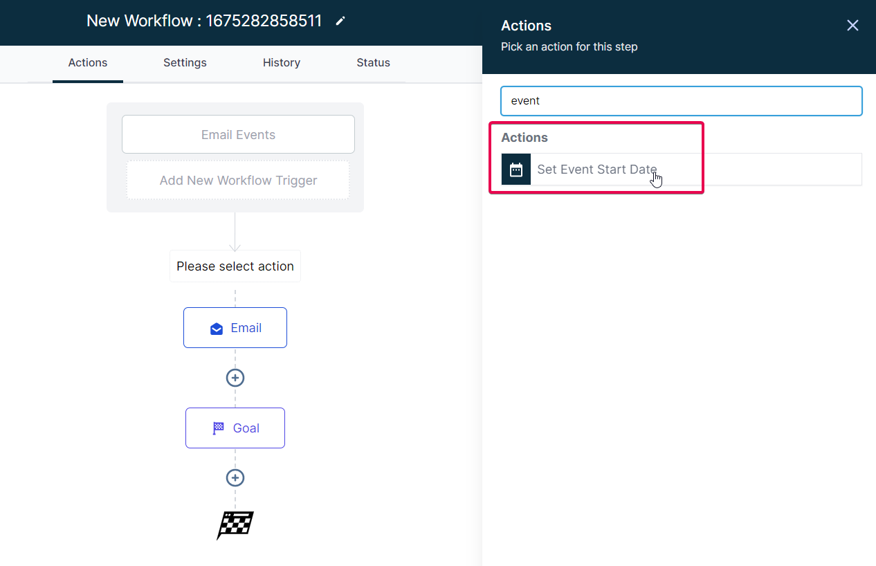 Set Event Start Date Event In Workflows – Step 1: Add the Event Start Date/Time Action to Your Workflow