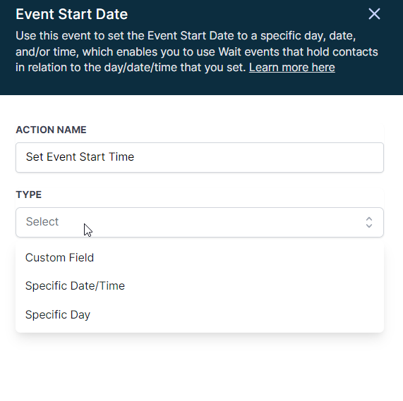 Set Event Start Date Event In Workflows – Step 2: Customize the Event Start Date/Time