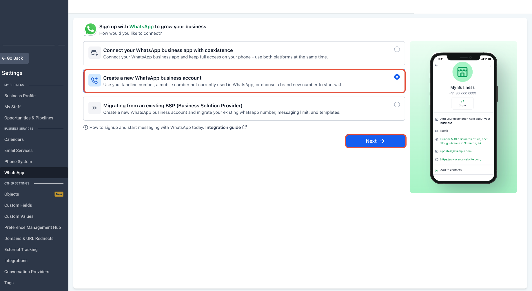 How to Enable WhatsApp in your account? – Navigate to Settings > WhatsApp and click Create a new WhatsApp business account.