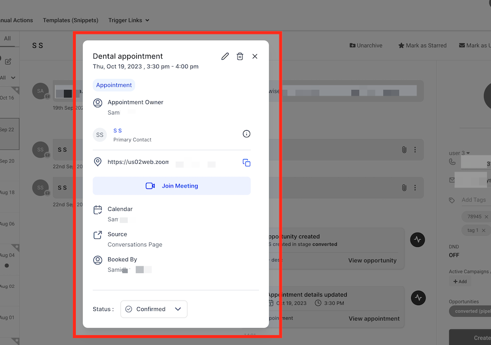 Activity Cards in Conversations – View Appointment