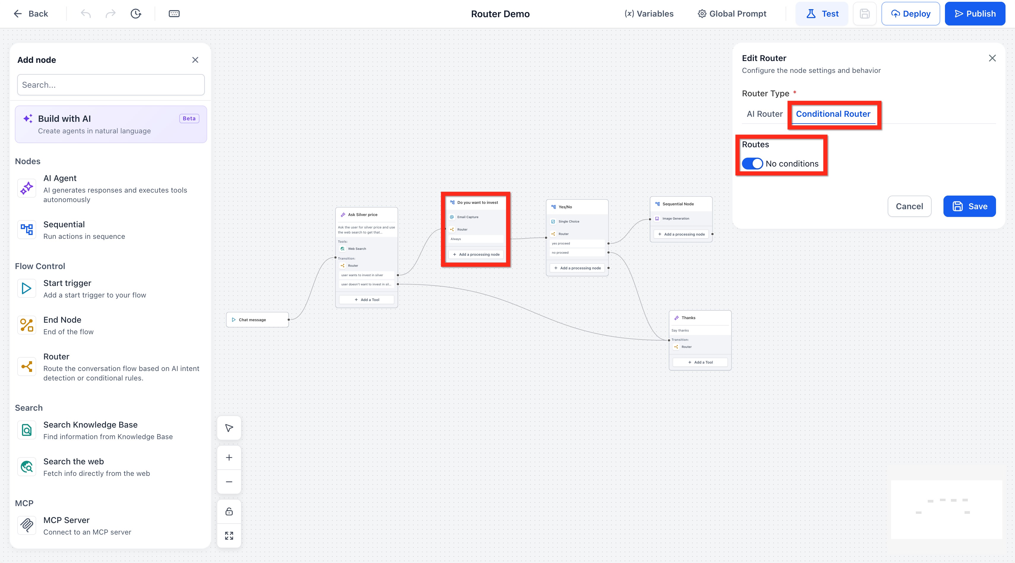 Agent Studio – Router Tool (AI & Conditional Router) – Using No Condition