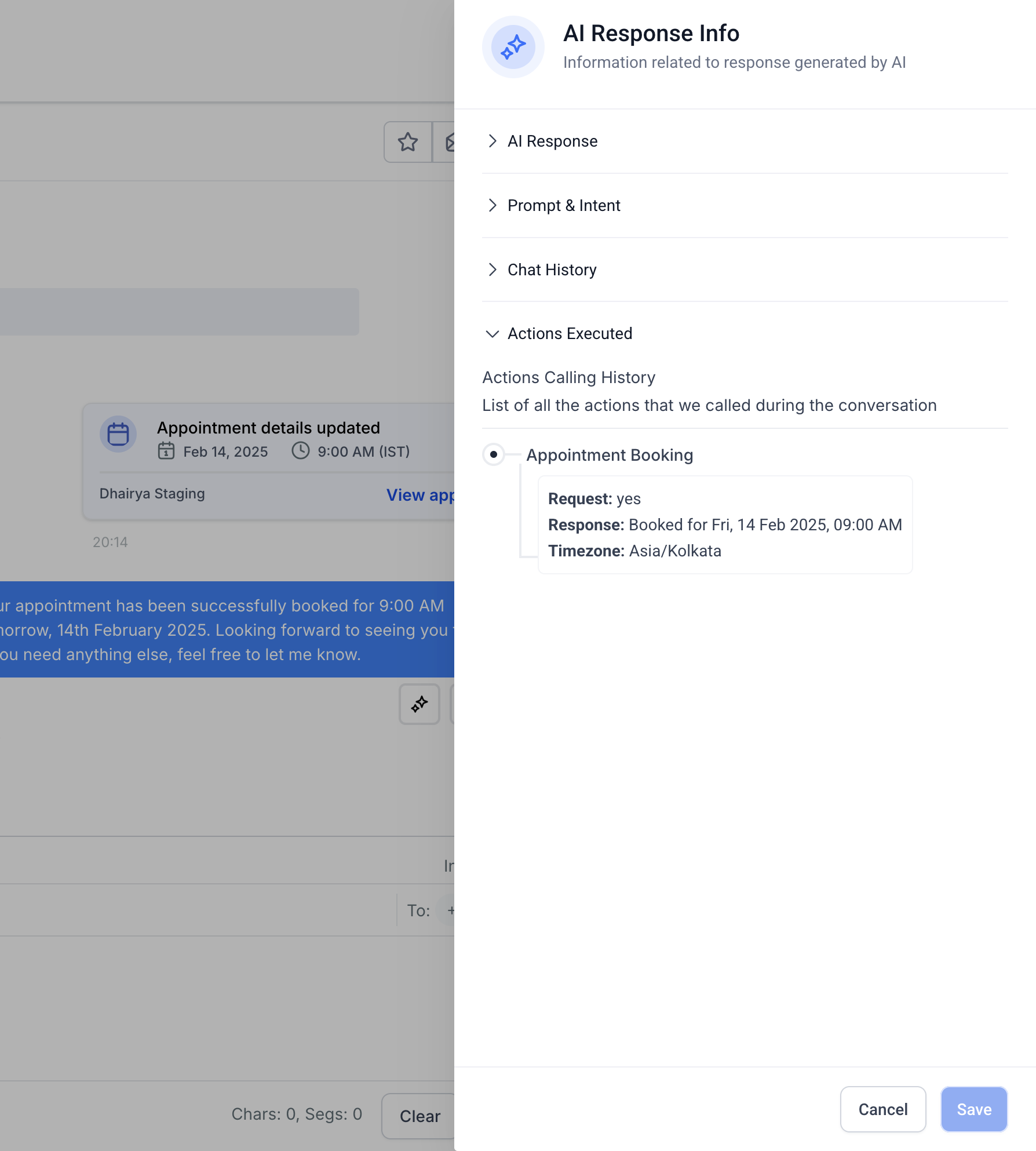 AI Message Details: View & Edit AI Responses – Example: Calendar and Appointment Actions