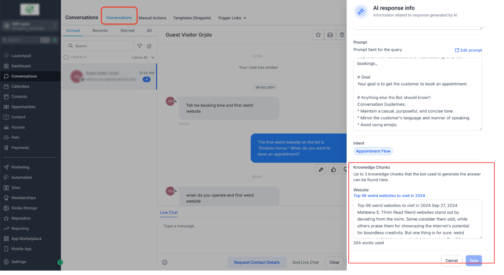 AI Message Details: View & Edit AI Responses – Viewing Knowledge Sources (Knowledge Chunks)