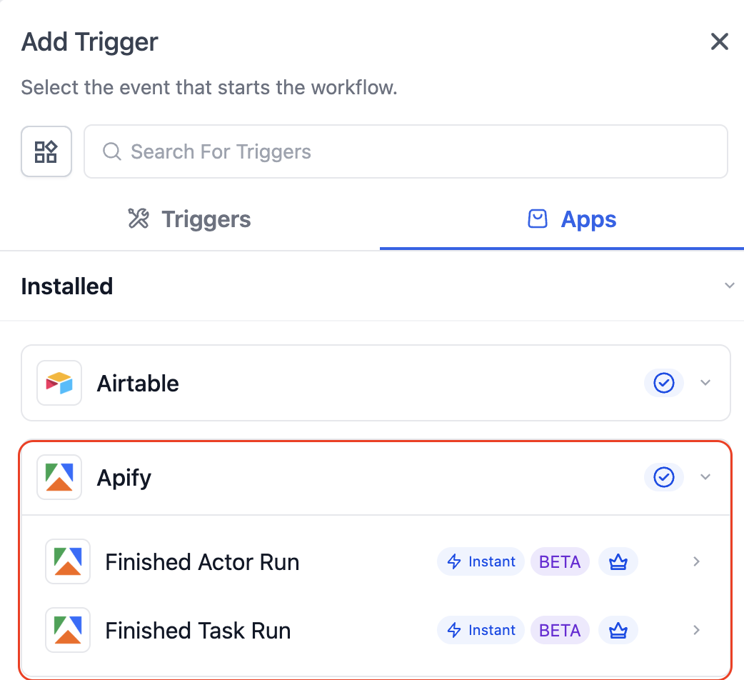 Apify – Actions & Triggers in Workflows – Available Triggers (Apify → Workflows)