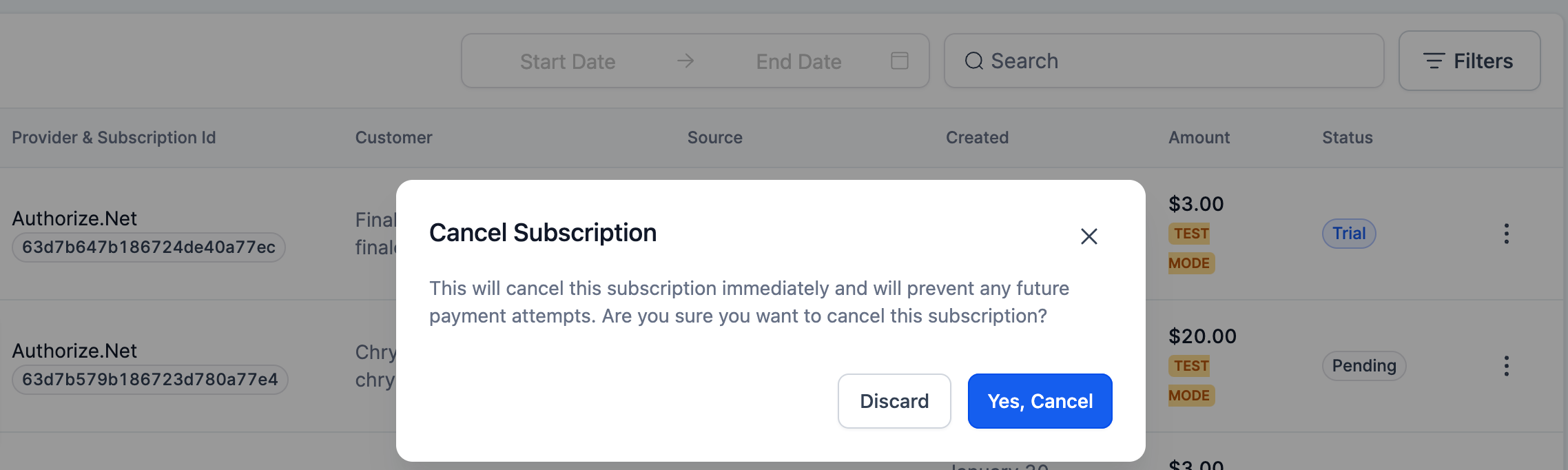 Authorize.net integration for processing payments – How do I Cancel/End a subscription created via Authorize.net? I am not able to do so in the merchant portal.