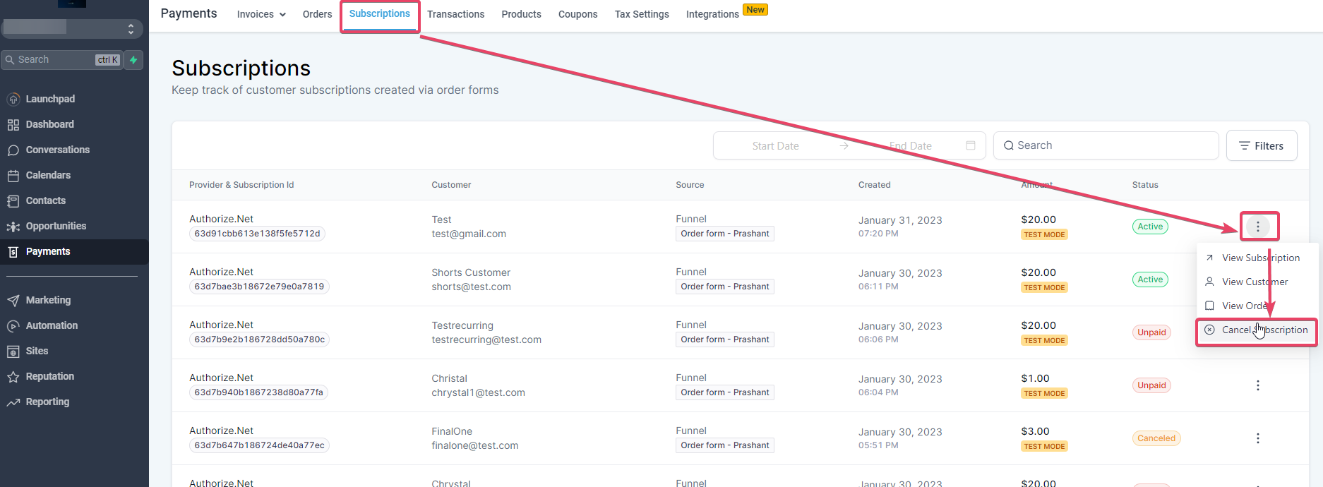 Authorize.net integration for processing payments – How do I Cancel/End a subscription created via Authorize.net? I am not able to do so in the merchant portal.