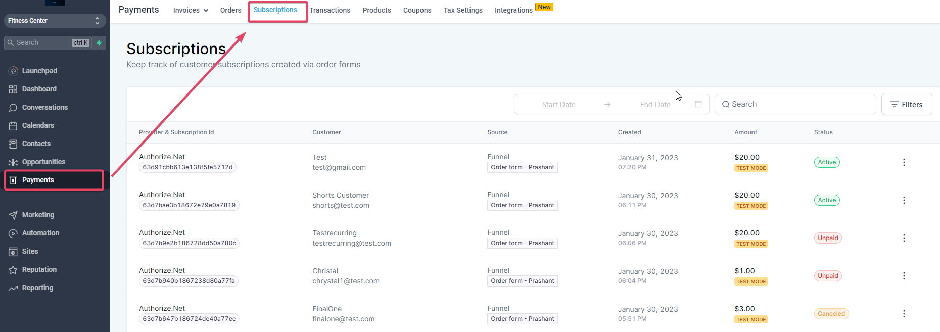 Authorize.net integration for processing payments – Where will I be able to find the subscriptions created via Authorize.net? I cannot relate to the subscription…