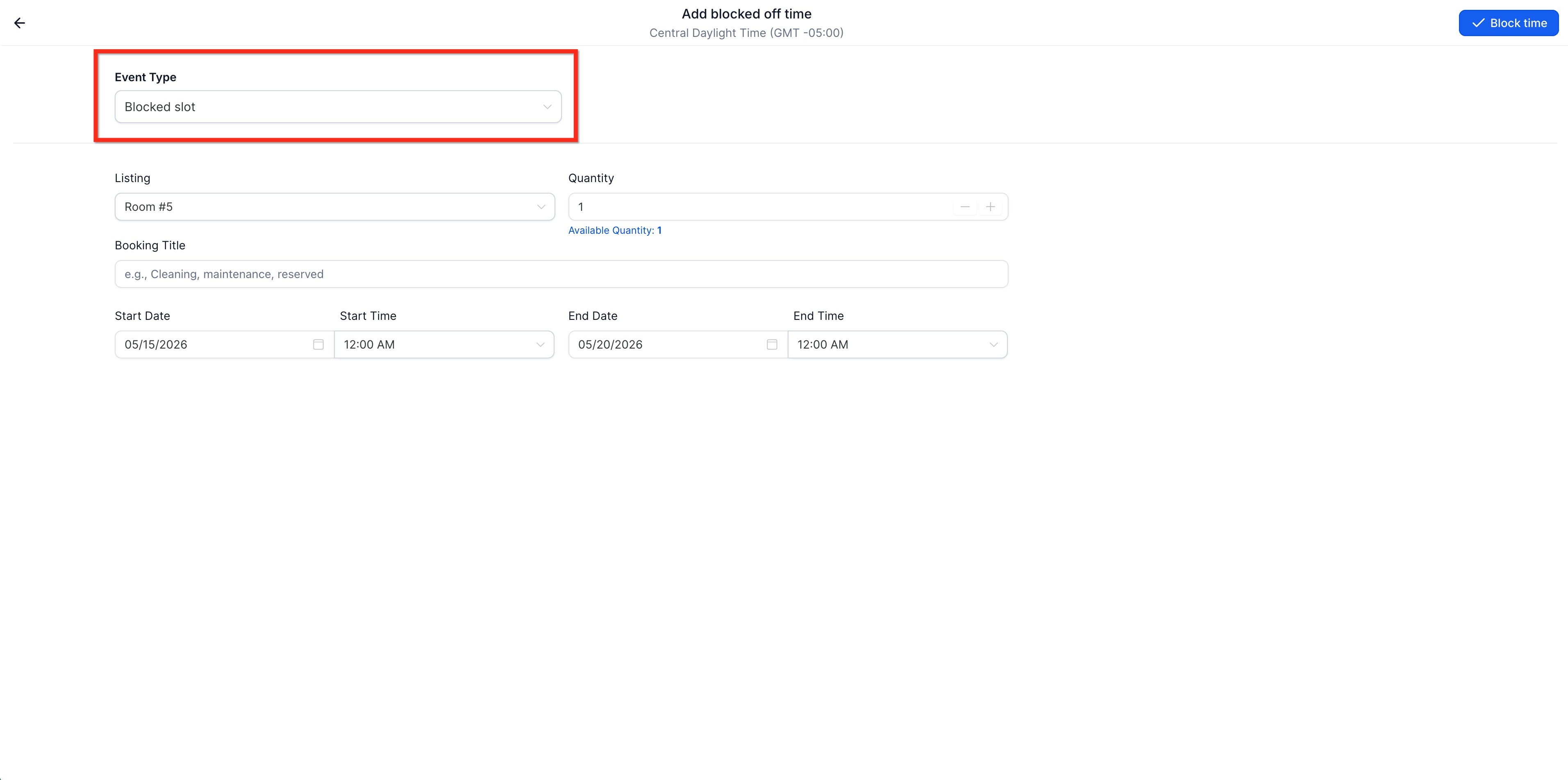 Blocked Slots for Rental Listings – Step 2: Selected Blocked Slot Event Type