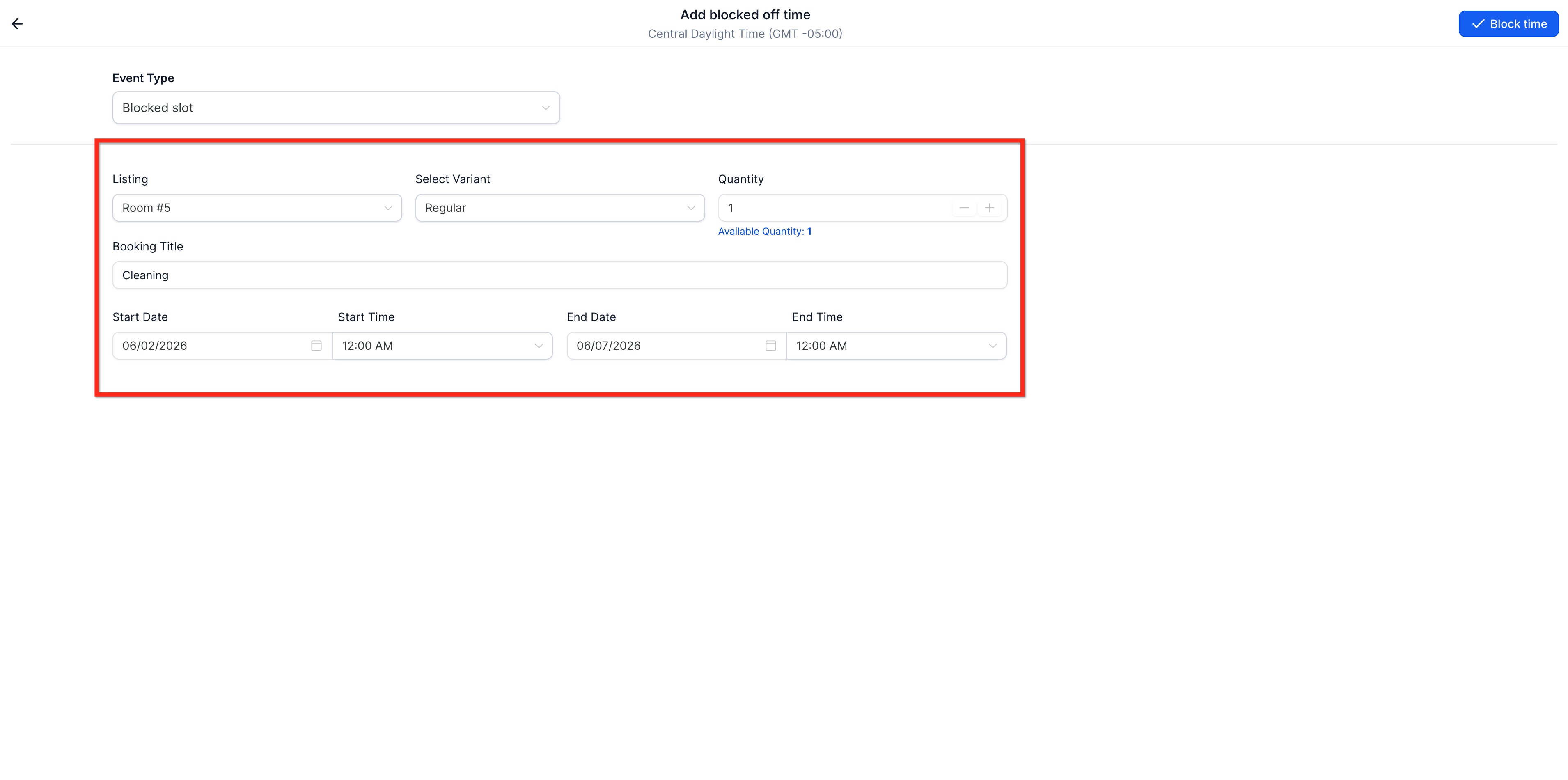 Blocked Slots for Rental Listings – Step 3: Add Blocked Slot Details