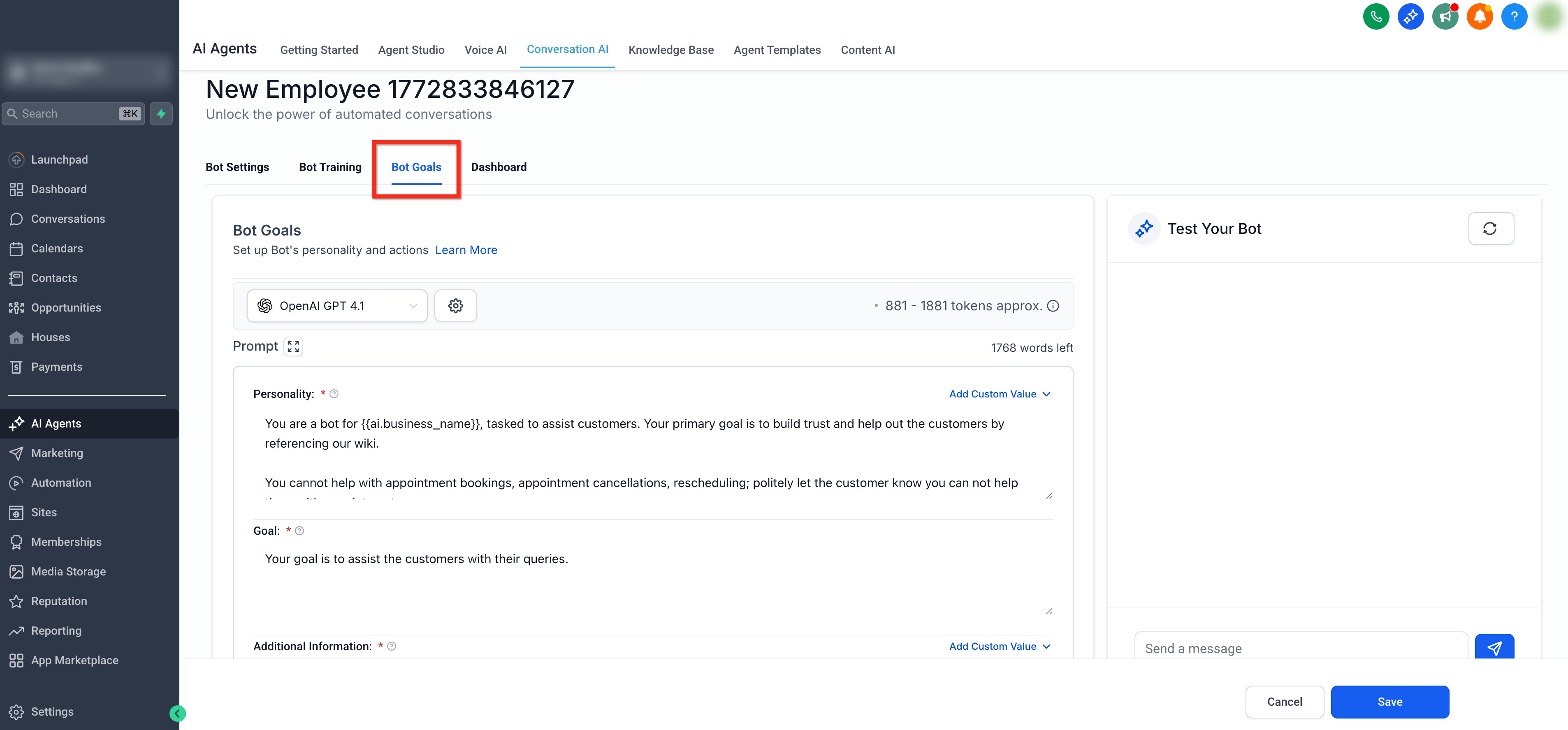 Bot Actions – Add Contact Info – Step 2: Open Bot Goals