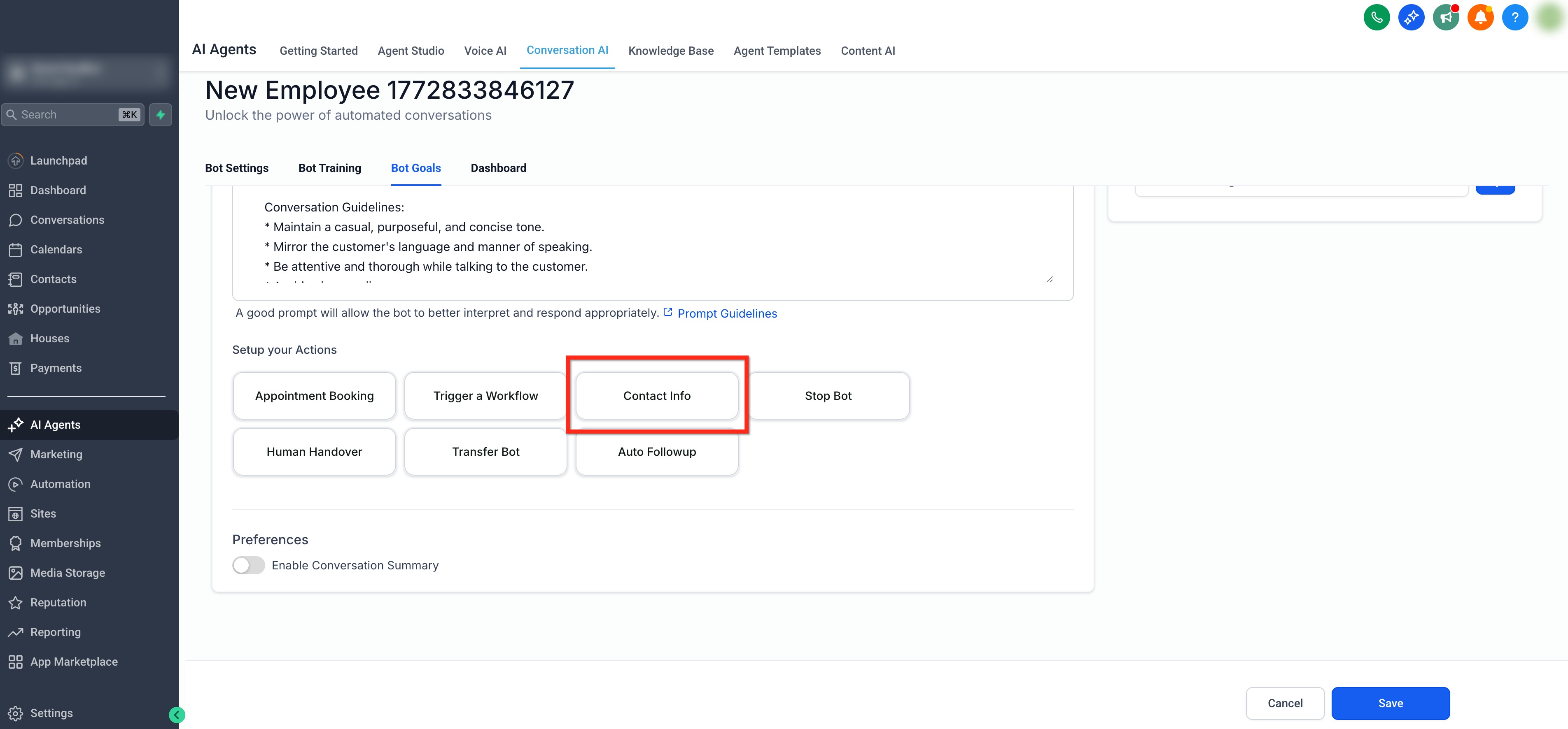Bot Actions – Add Contact Info – Step 3: Select Contact Info