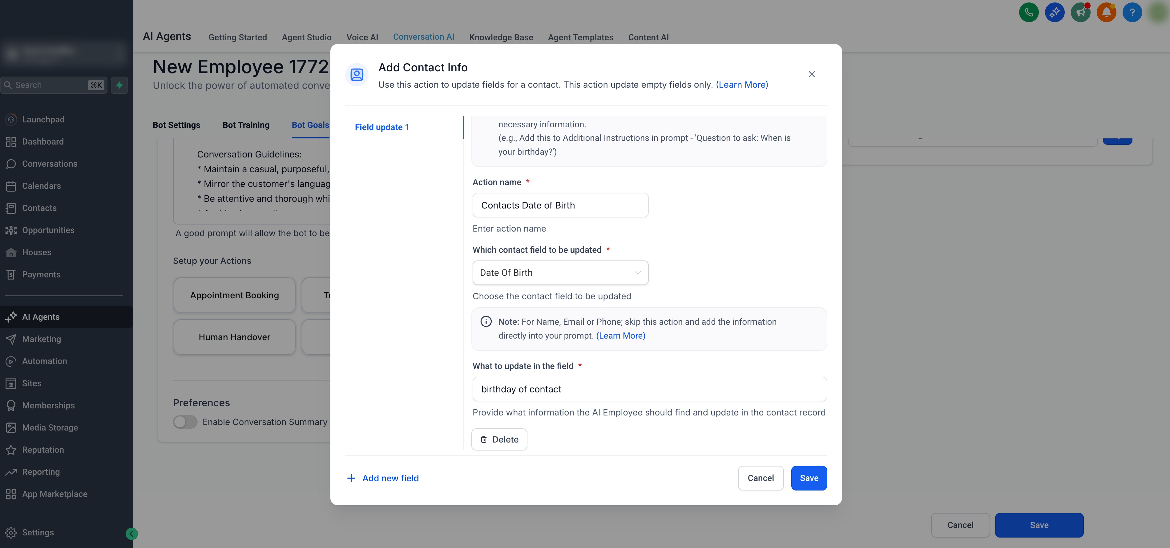 Bot Actions – Add Contact Info – Step 4: Configure the Action