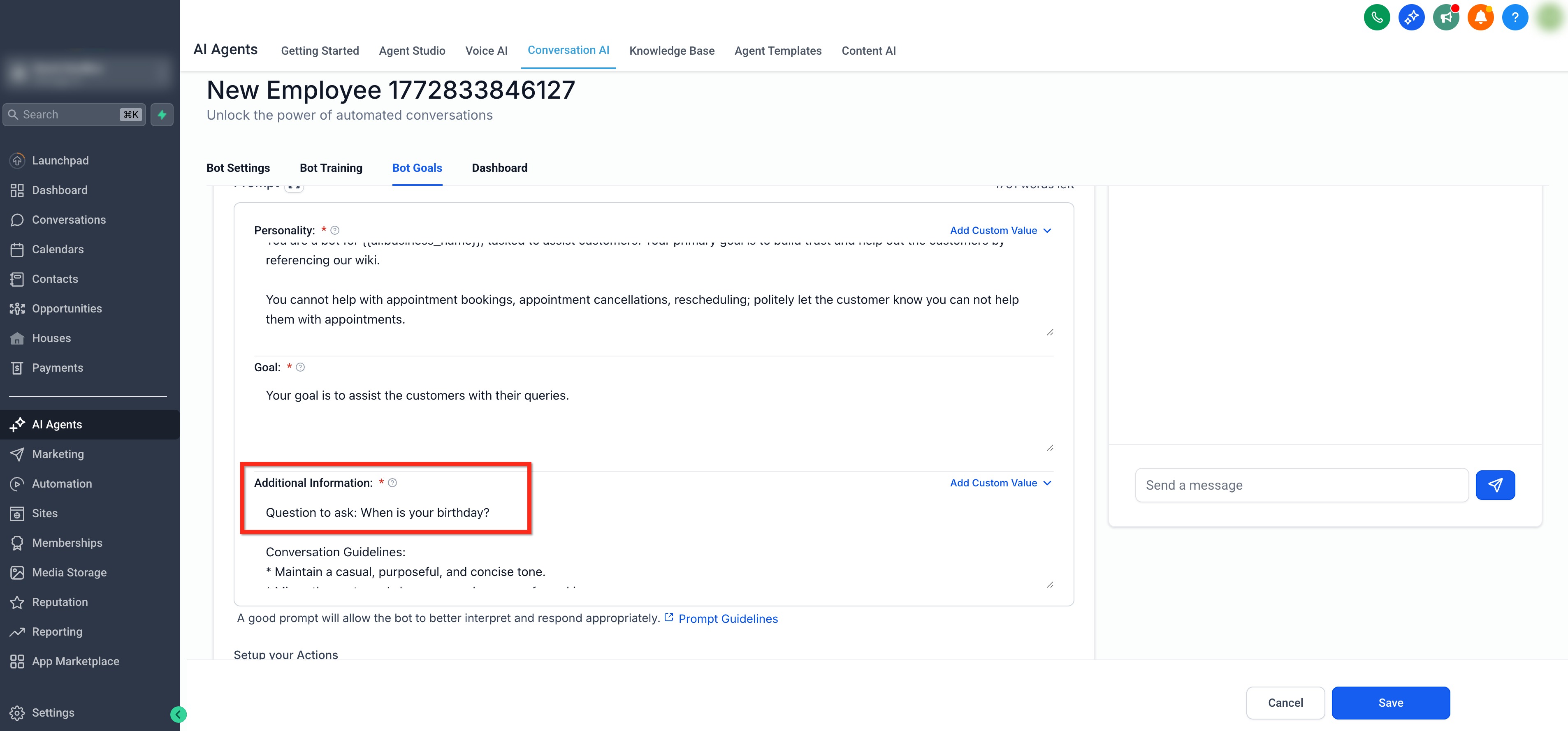 Bot Actions – Add Contact Info – Step 5: Update Prompt