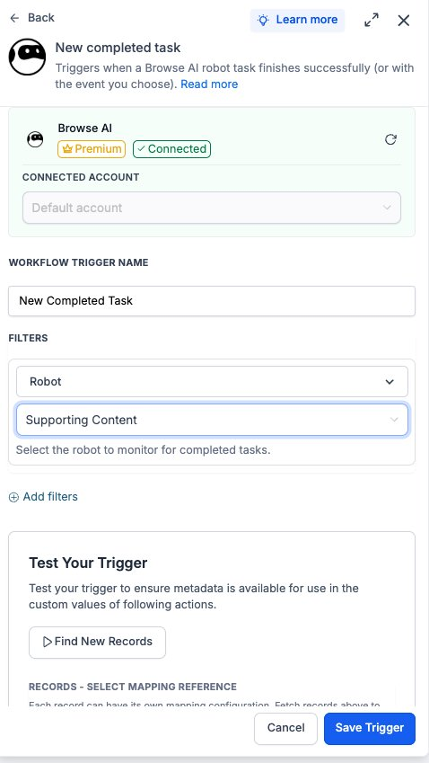 Browse AI – Workflow Actions and Trigger – Click Save Trigger to finish.