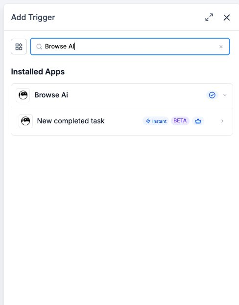 Browse AI – Workflow Actions and Trigger – Fires when a Browse AI robot task finishes (default: successful completion). Filterable by Robot and Select O…