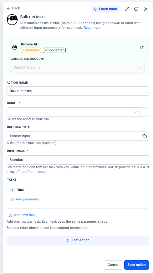 Browse AI – Workflow Actions and Trigger – Wait via polling: if the scrape typically completes quickly, follow with a Wait step (e.g. 30s) and then a Ge…