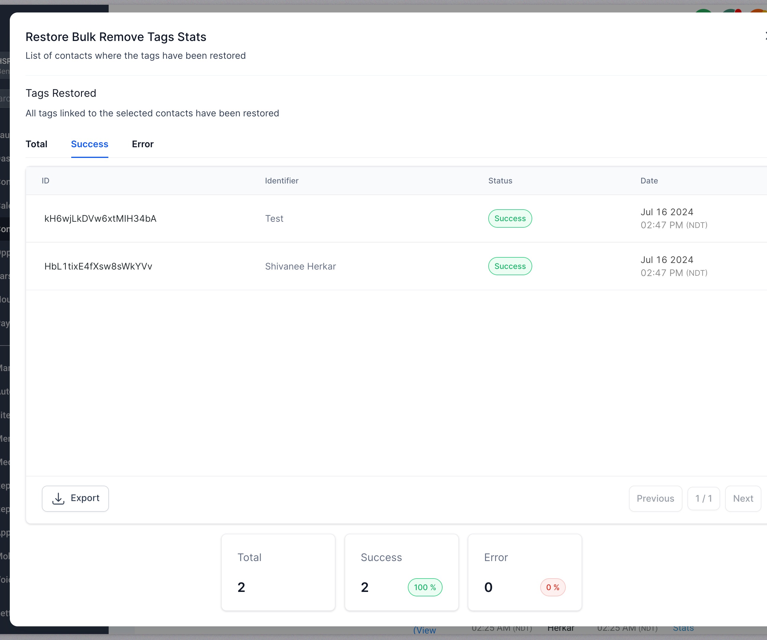 Bulk Add and Remove Tags from Contacts – Feature 3 - Restore Removed Tags