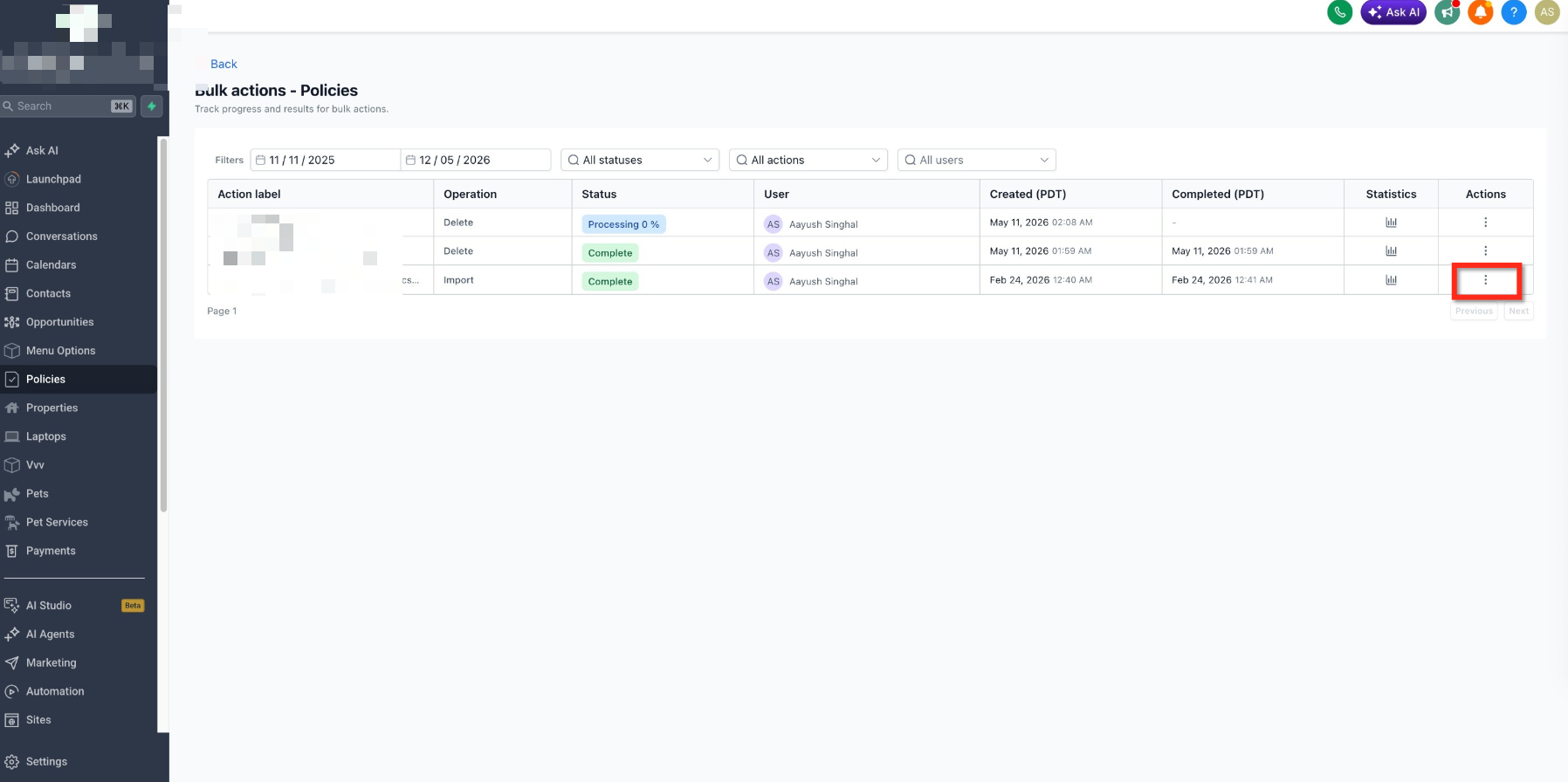 Bulk Delete and Restore Records for Custom Objects, Companies, and Tasks – Three-dot menu for a deletion job on the Bulk Actions page
