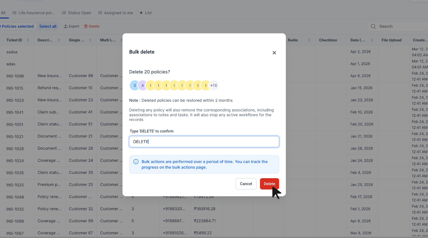 Bulk Delete and Restore Records for Custom Objects, Companies, and Tasks – Bulk delete confirmation dialog
