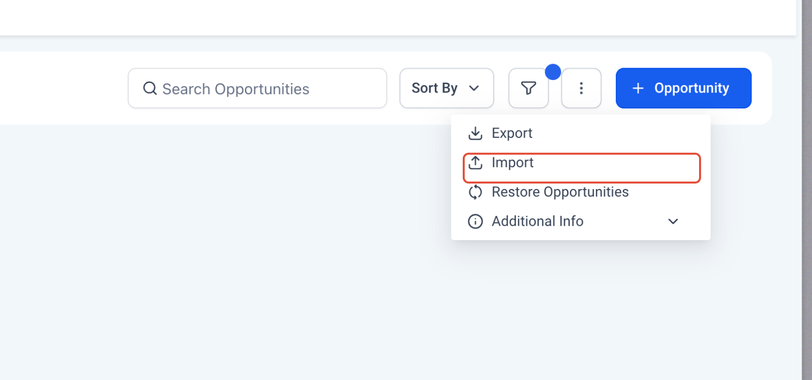 Bulk Opportunity Import Guide: Upload, Map, and Verify CSV Data – Open the Import Option