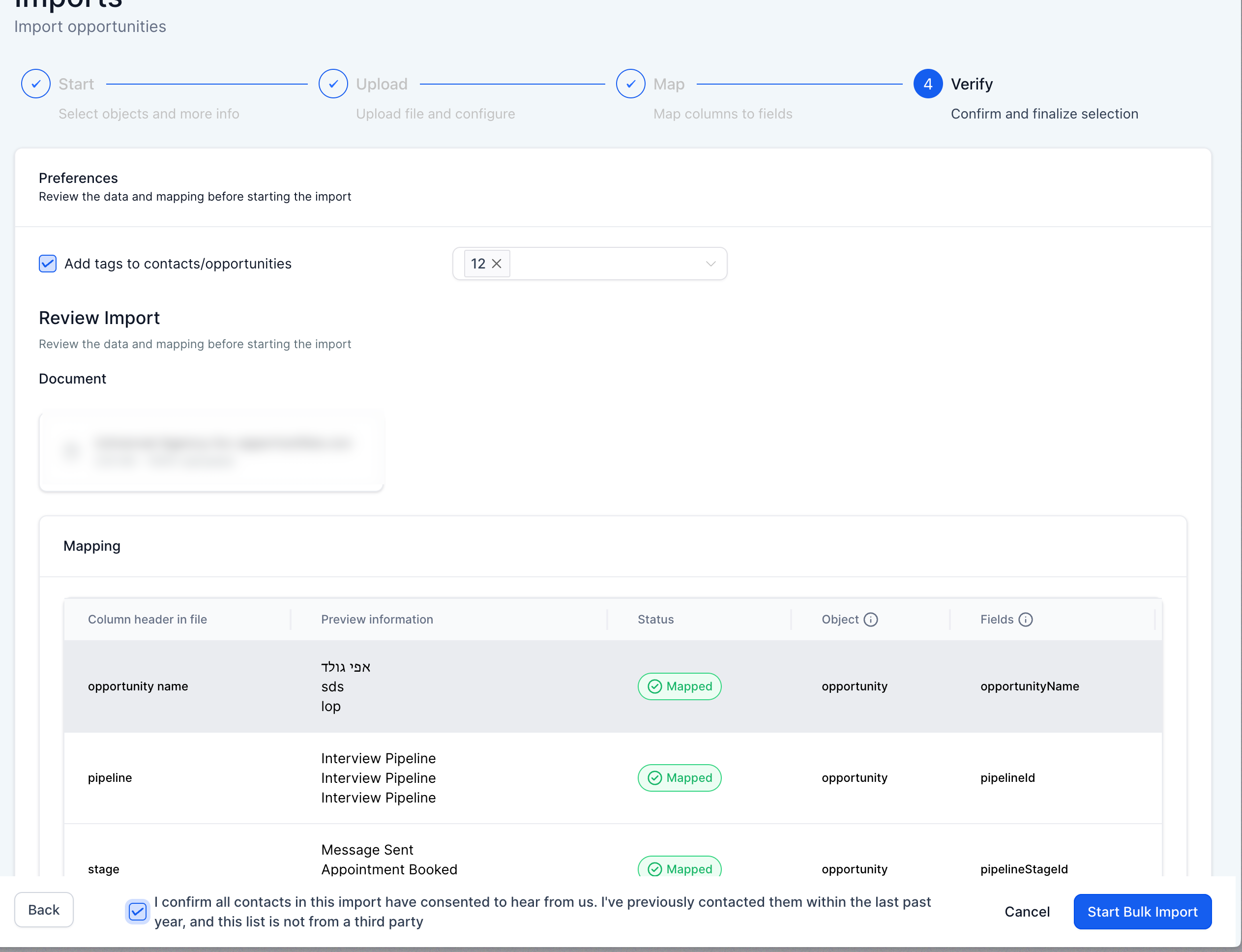 Bulk Opportunity Import Guide: Upload, Map, and Verify CSV Data – Review and Confirm the Import