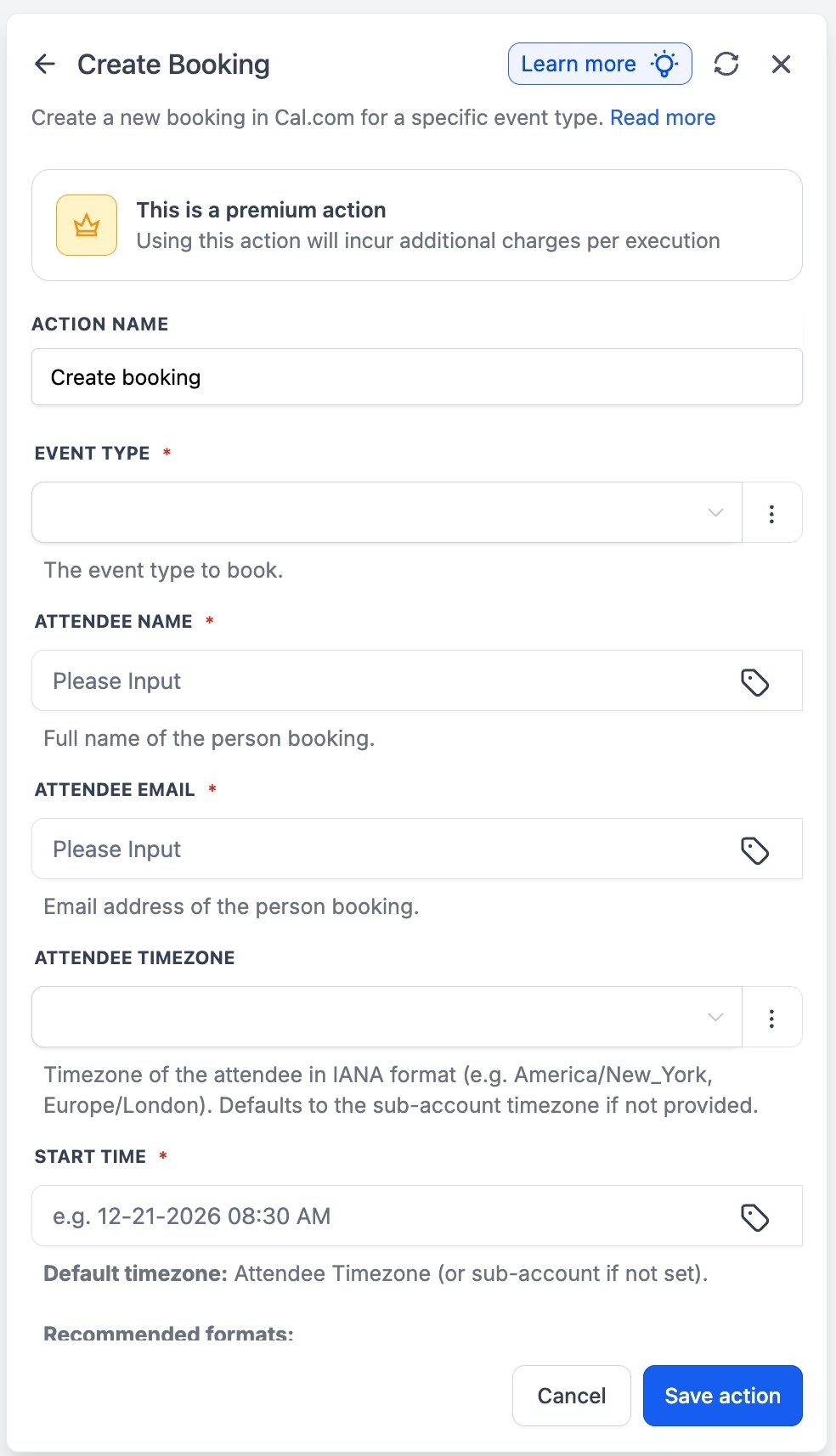 Cal.com: Workflow Actions & Triggers – Test a Cal.com action