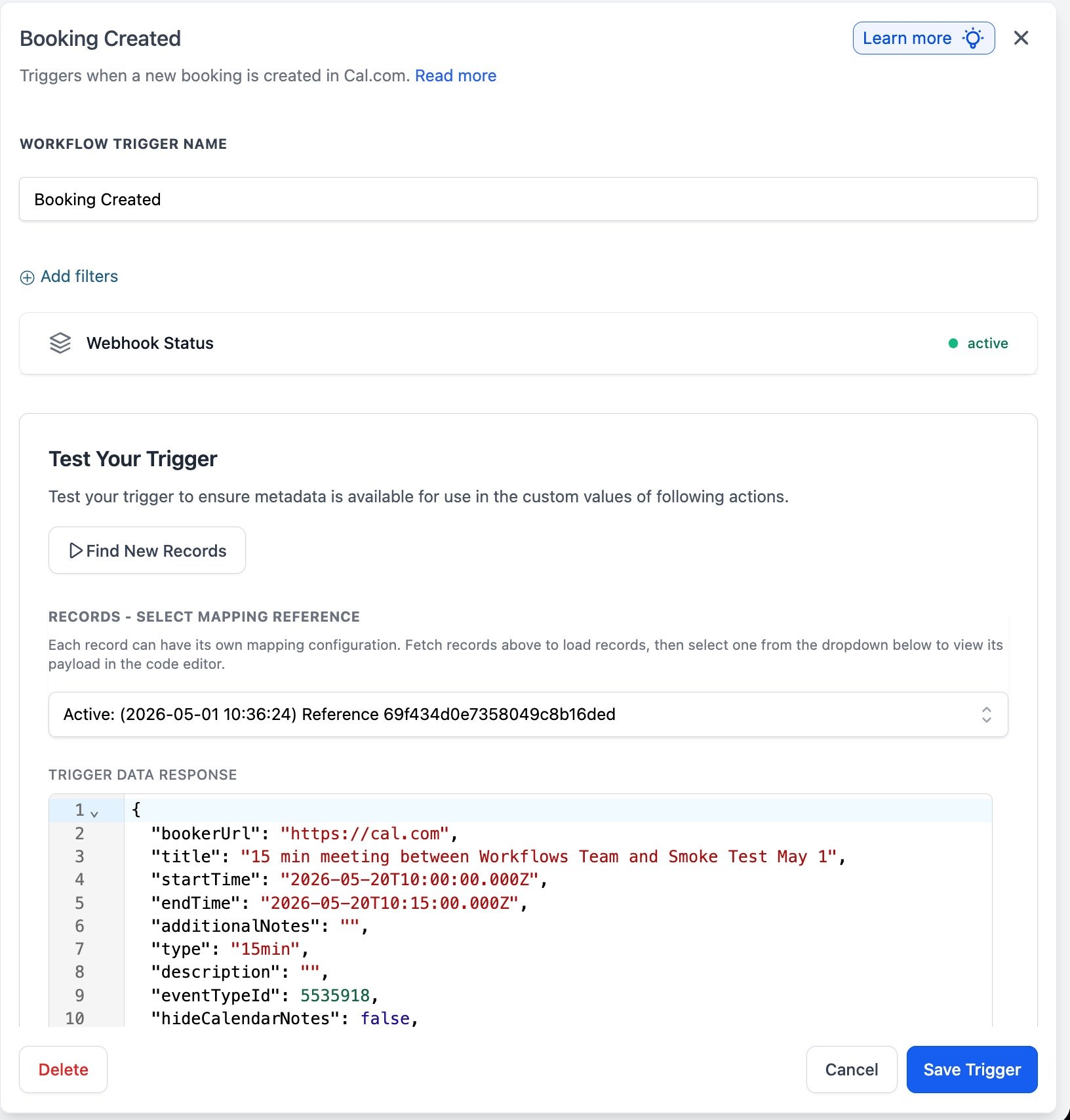 Cal.com: Workflow Actions & Triggers – Test a Cal.com trigger