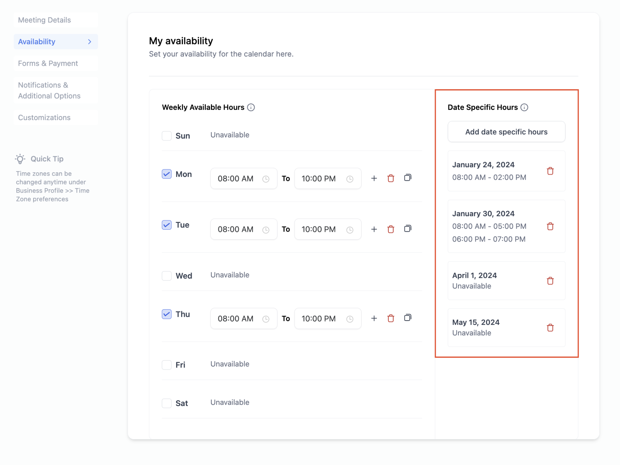 Calendar Availability – Weekly Working Hours & Date-Specific Hours – Example 3: Extended Availability