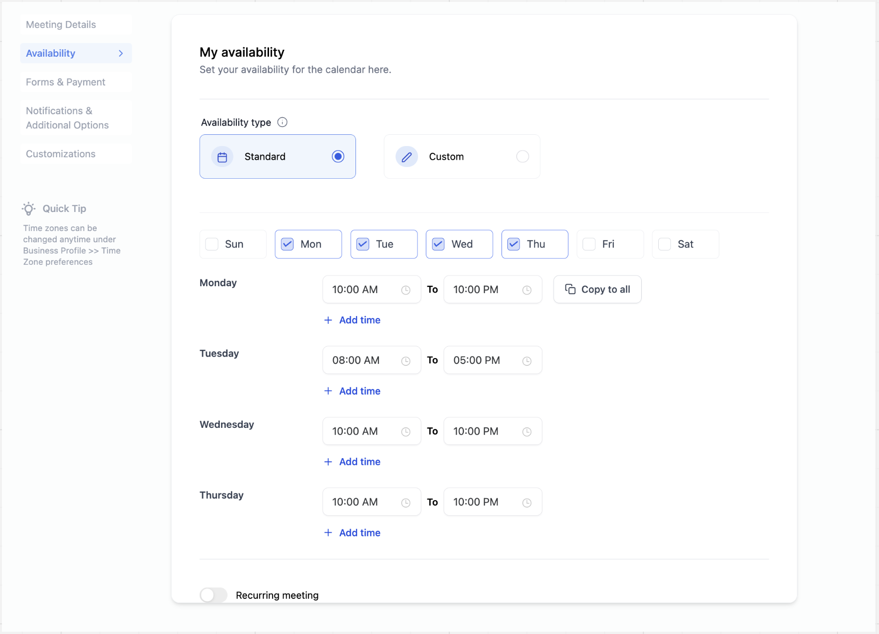 Calendar Availability – Weekly Working Hours & Date-Specific Hours – Overview