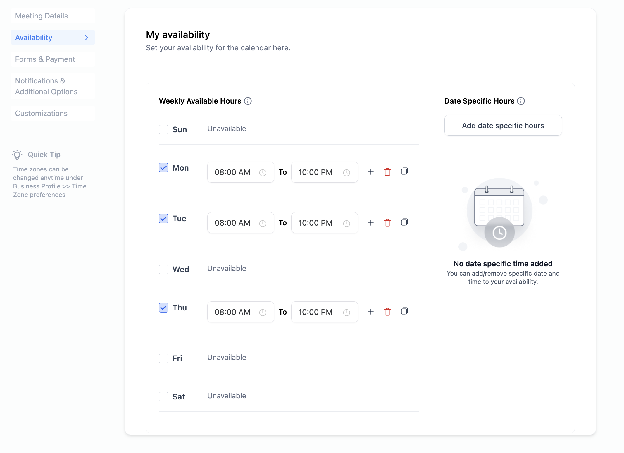 Calendar Availability – Weekly Working Hours & Date-Specific Hours – Overview