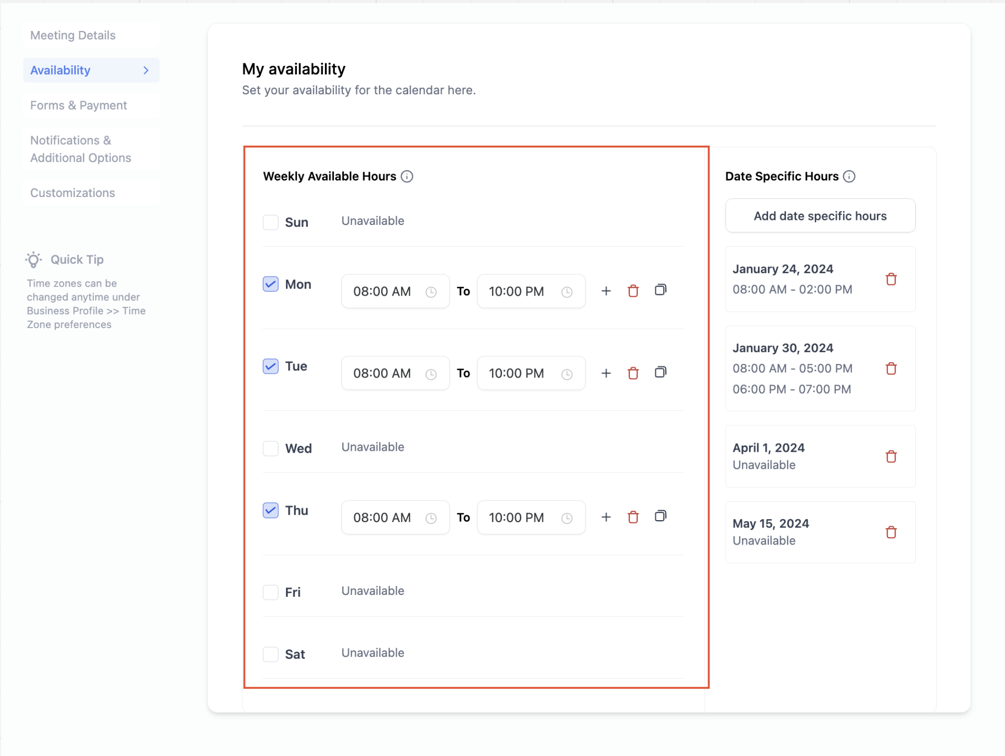 Calendar Availability – Weekly Working Hours & Date-Specific Hours – Weekly Working Hours (formerly Standard Availability)