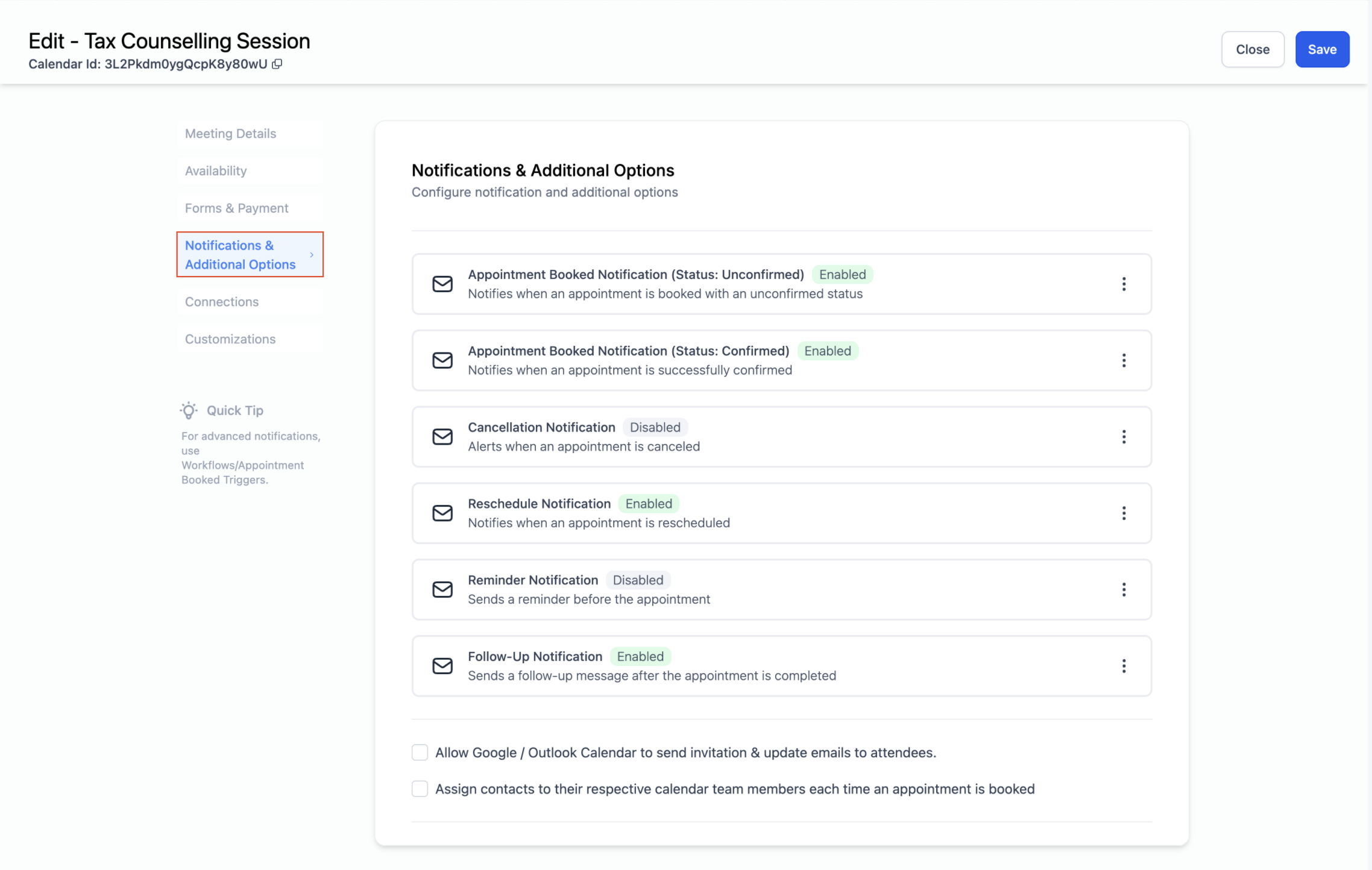 Calendar: Email & In-App Appointment Notifications – Step 1: Navigate to the Notifications Tab
