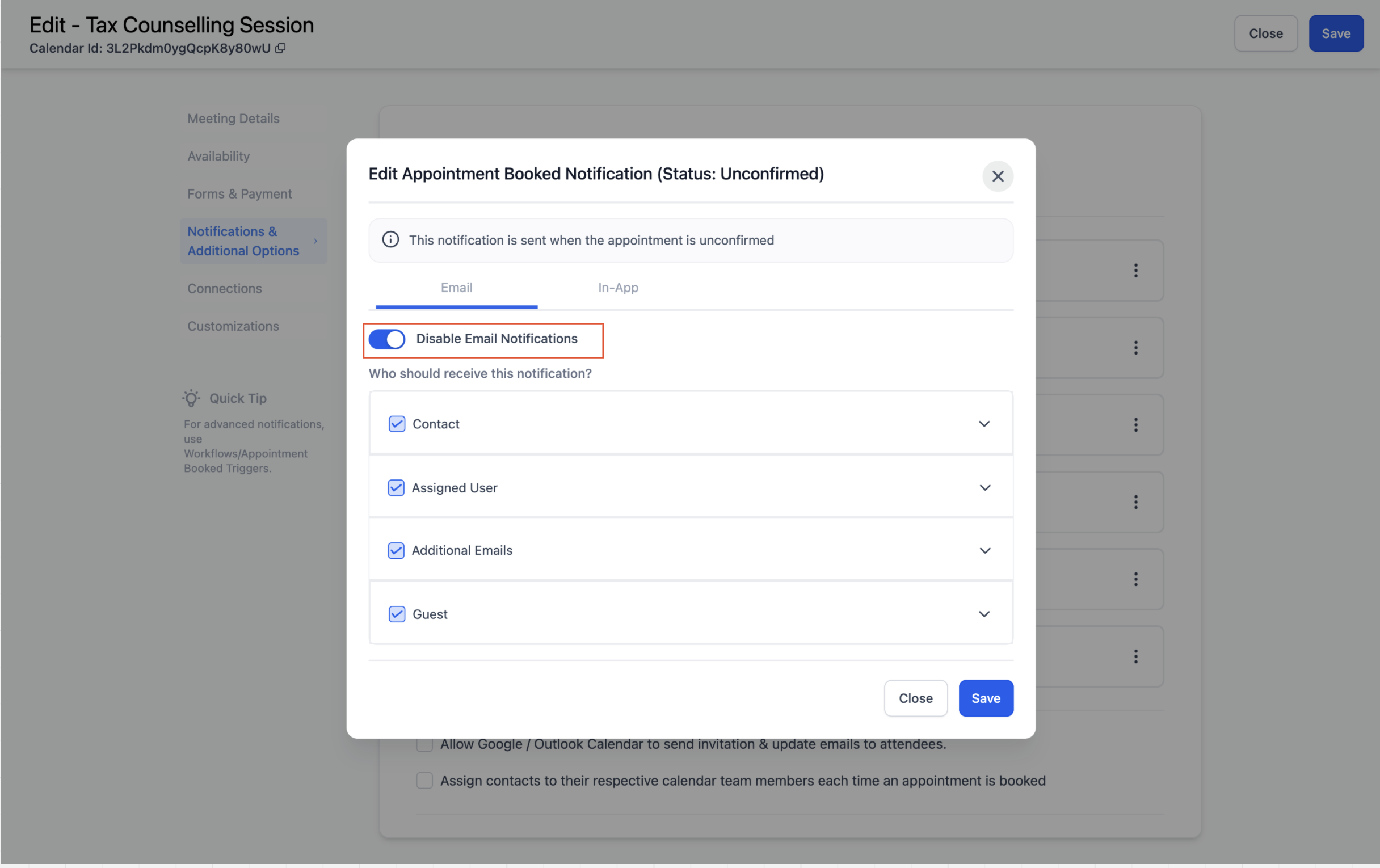 Calendar: Email & In-App Appointment Notifications – Step 2: Customize Your Notifications