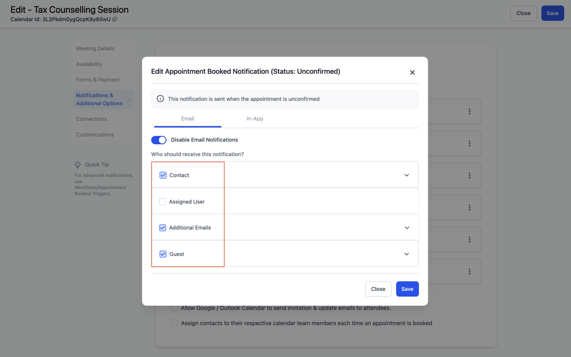 Calendar: Email & In-App Appointment Notifications – Step 2: Customize Your Notifications