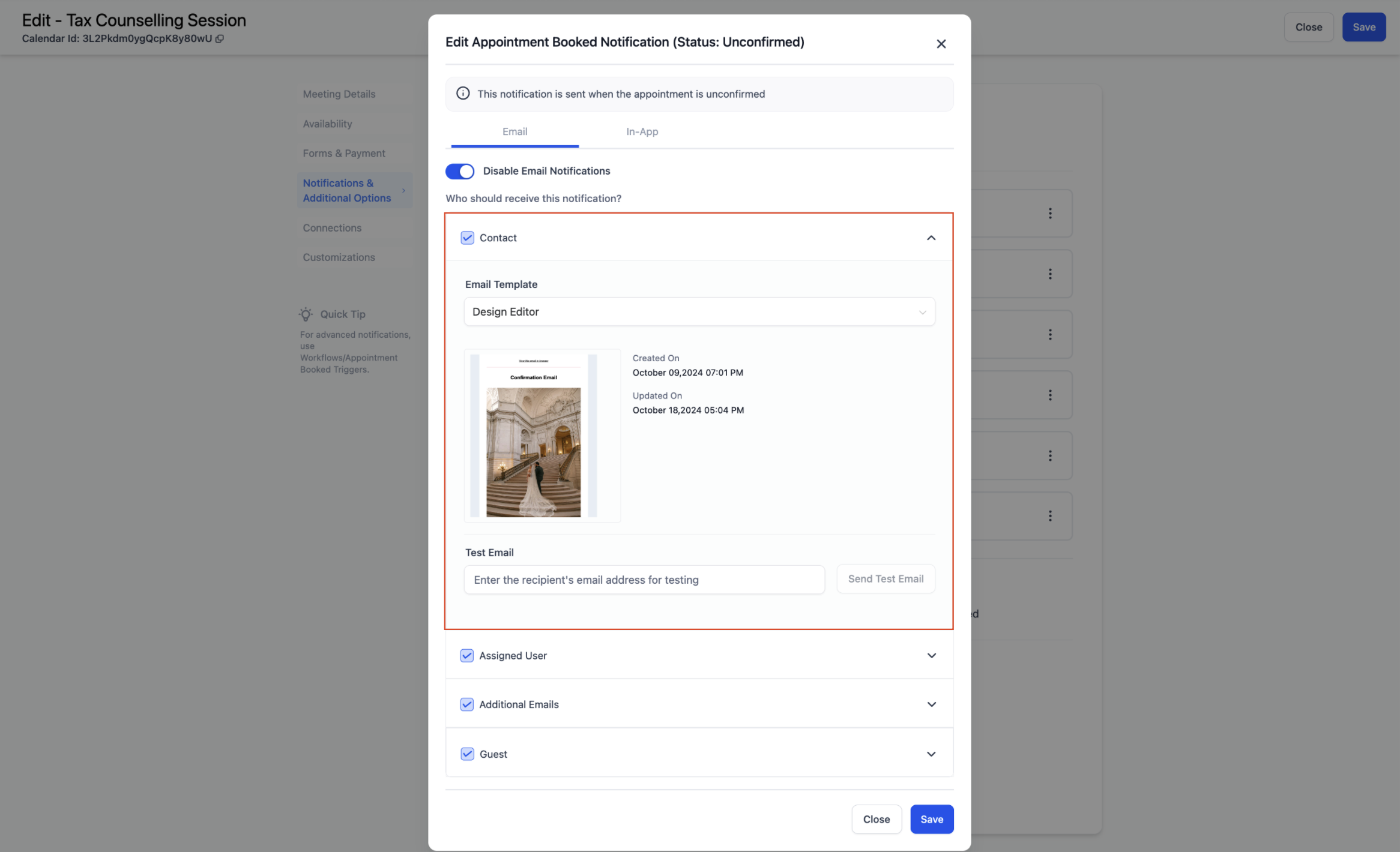 Calendar: Email & In-App Appointment Notifications – Step 2: Customize Your Notifications