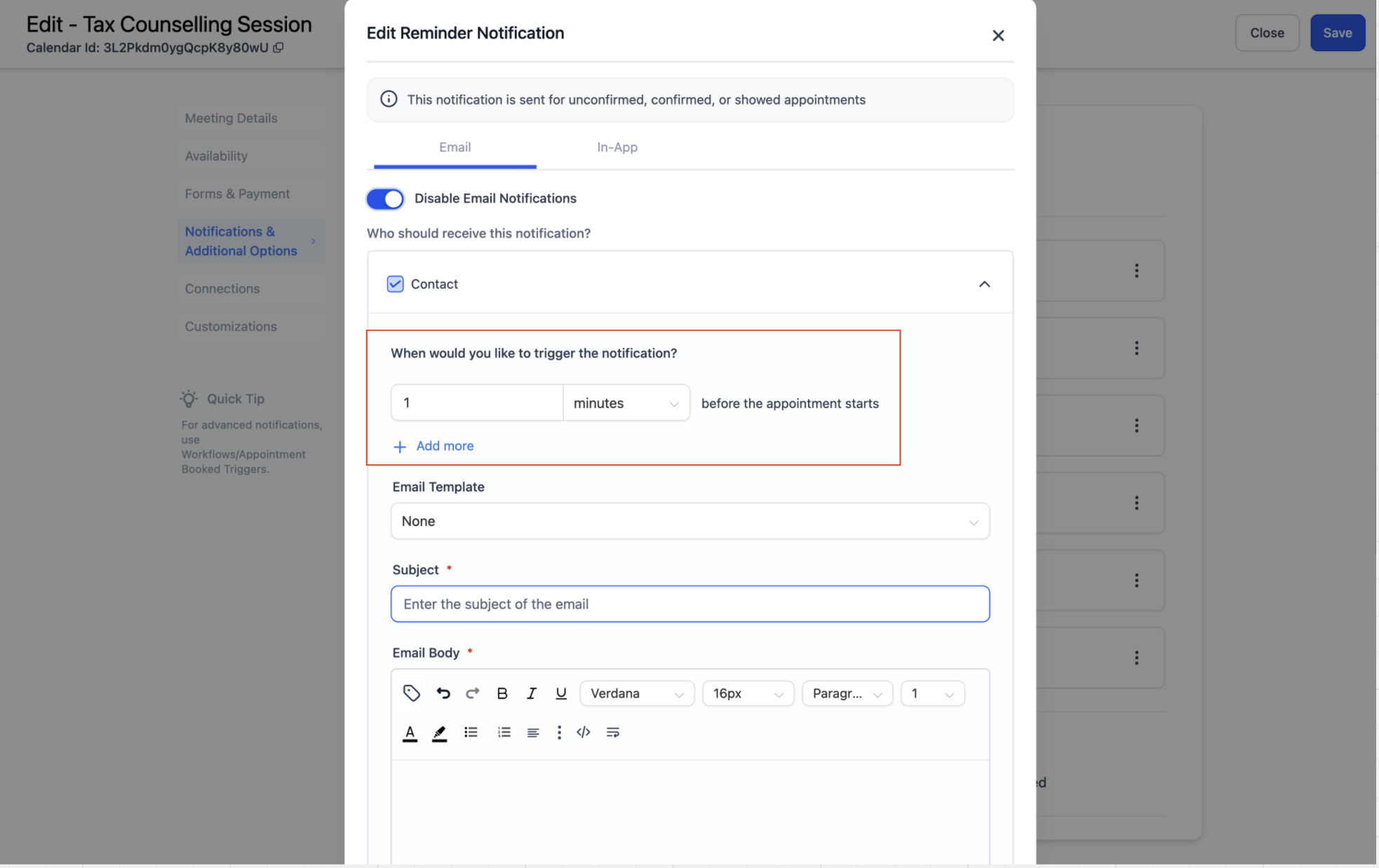 Calendar: Email & In-App Appointment Notifications – Step 2: Customize Your Notifications