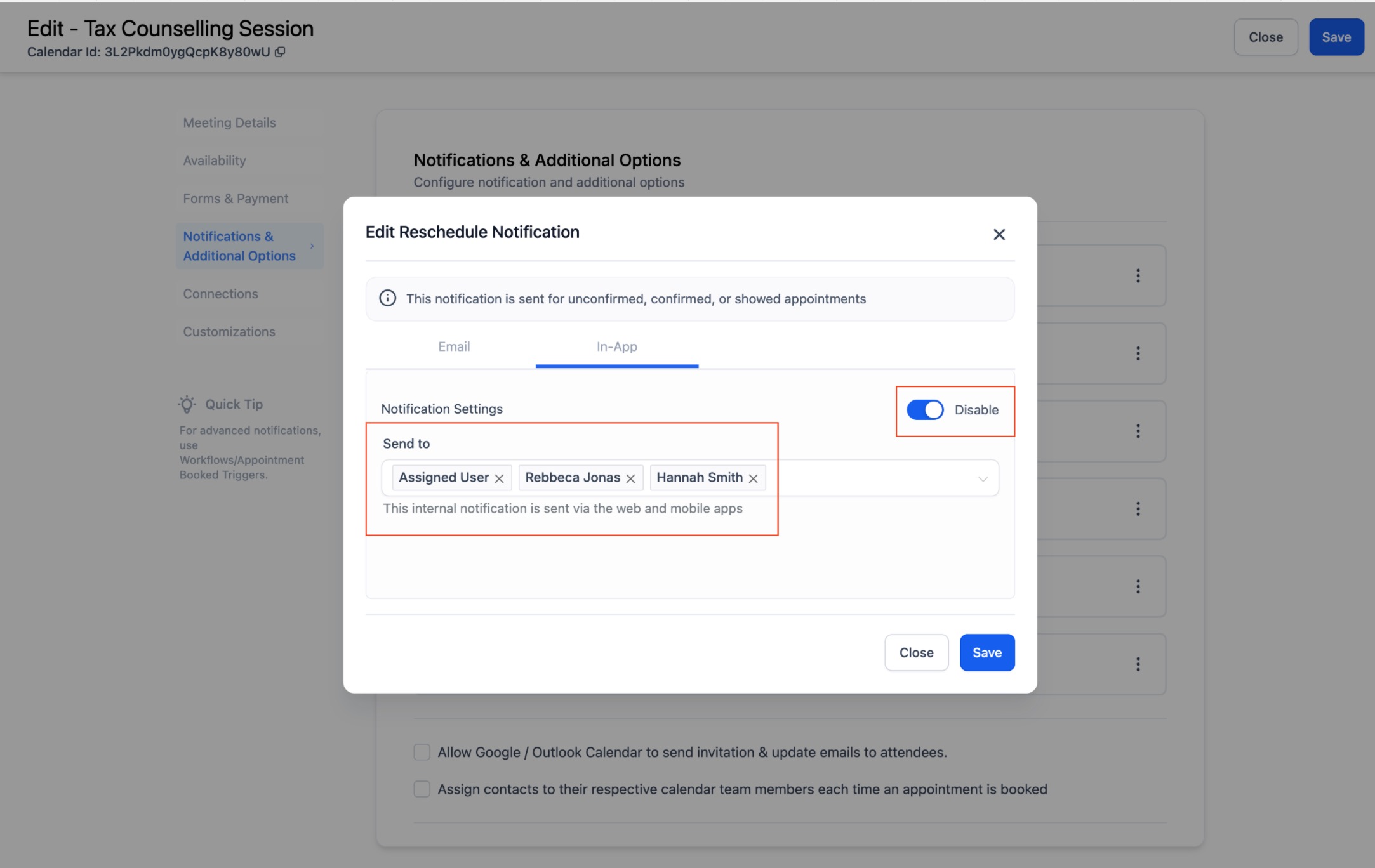 Calendar: Email & In-App Appointment Notifications – Step 2: Customize Your Notifications