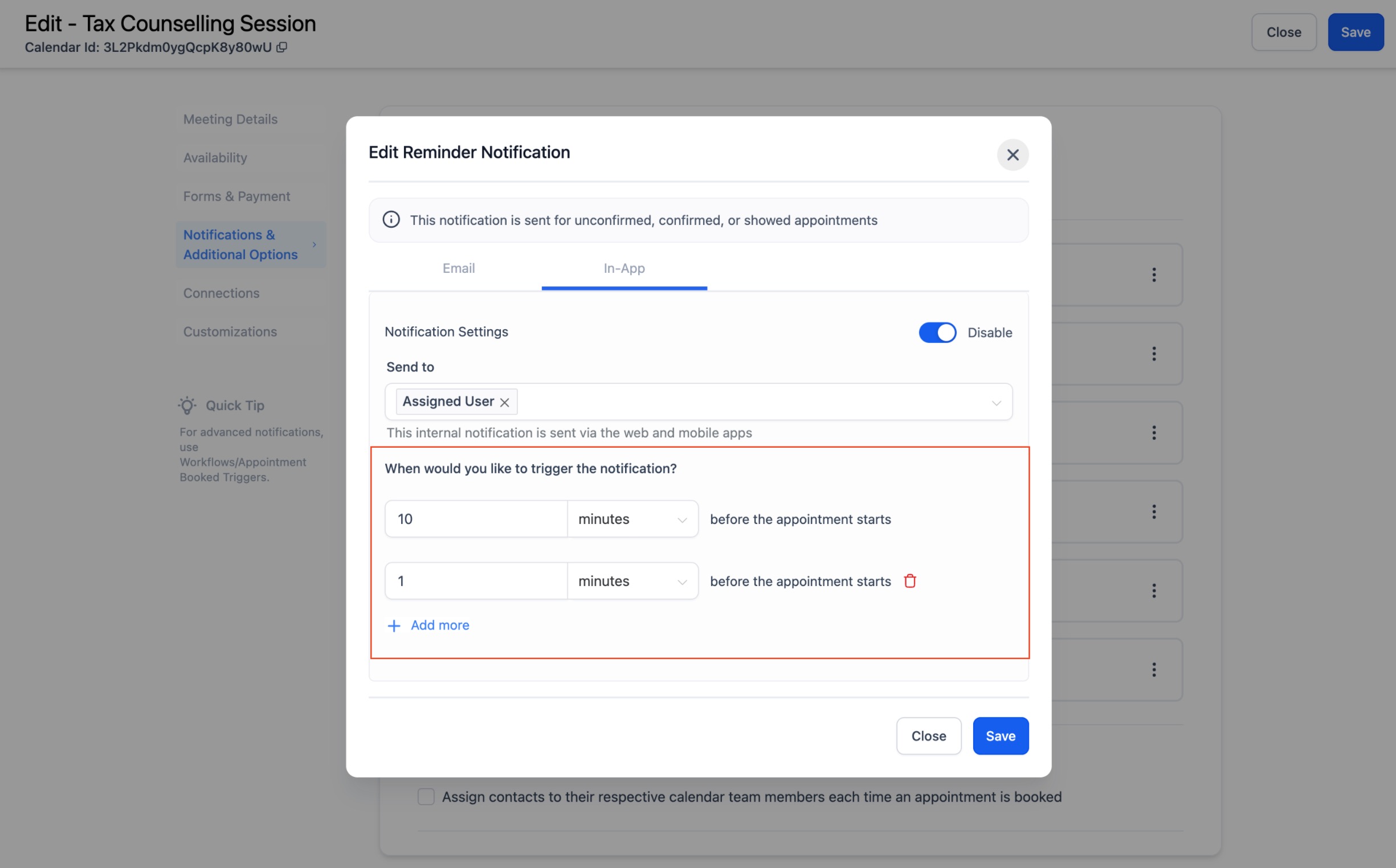Calendar: Email & In-App Appointment Notifications – Step 2: Customize Your Notifications