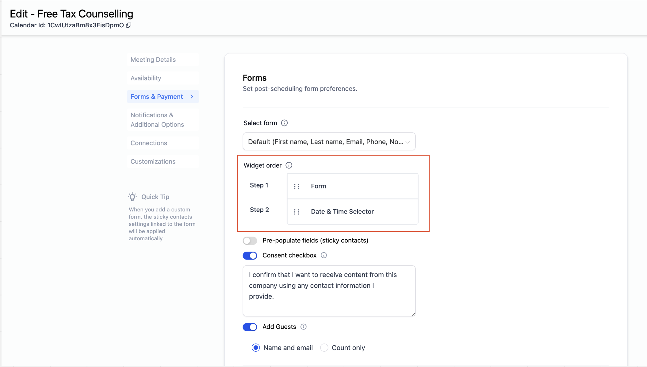 Calendar Widget Reorder – Configuring the Widget Order
