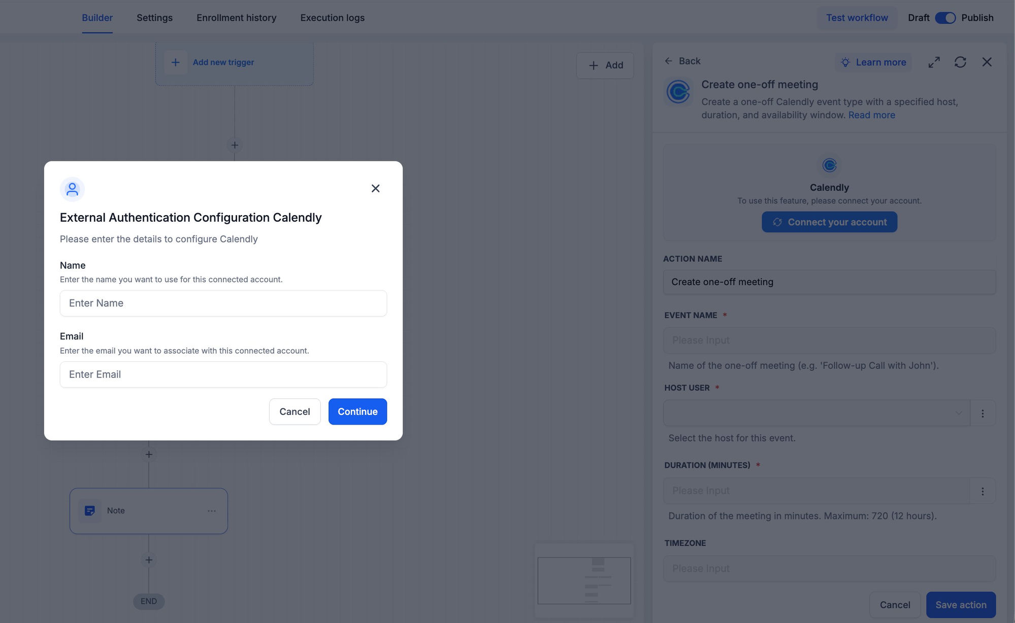 Calendly – Workflow Actions & Triggers – Complete the External Authentication Configuration step (Name + Email) and the Calendly OAuth flow.