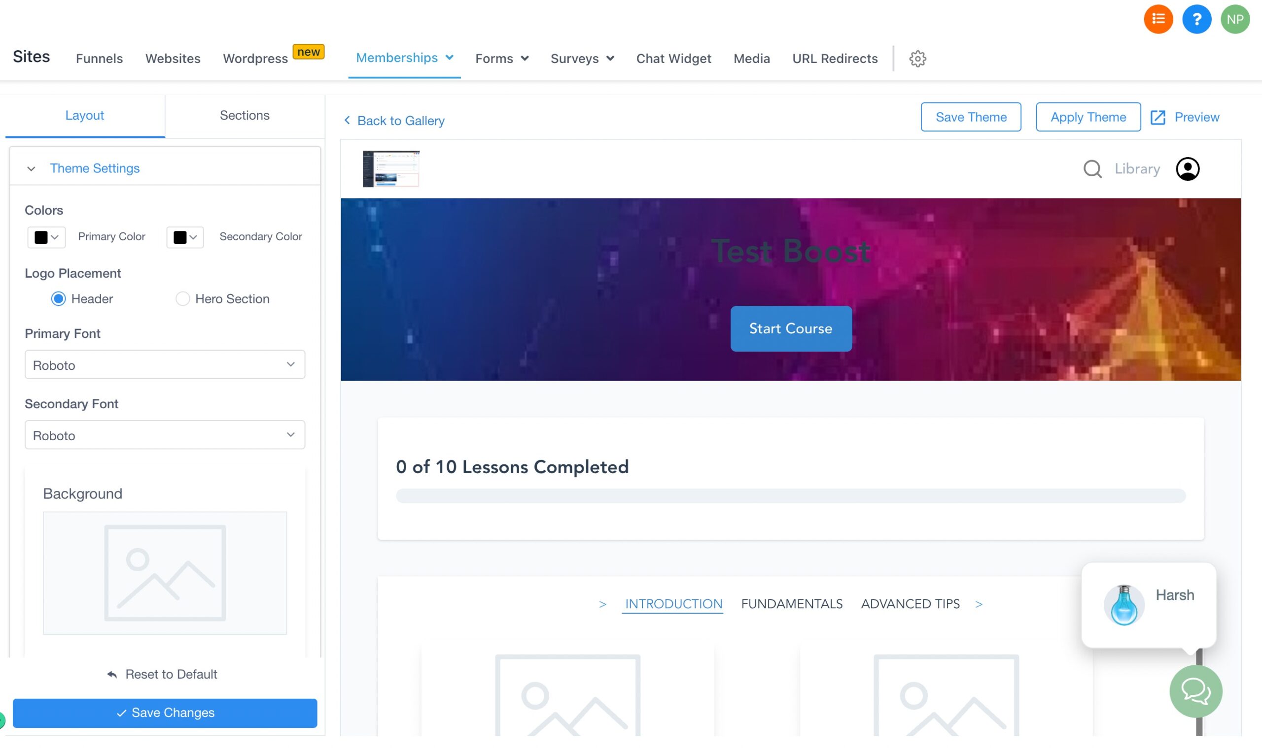 How to use memberships themes – The following set of properties can be changed under theme settings