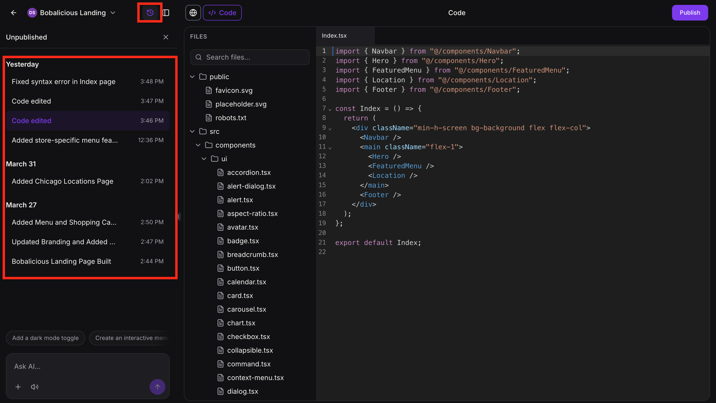 Code Editor in AI Studio – Version History