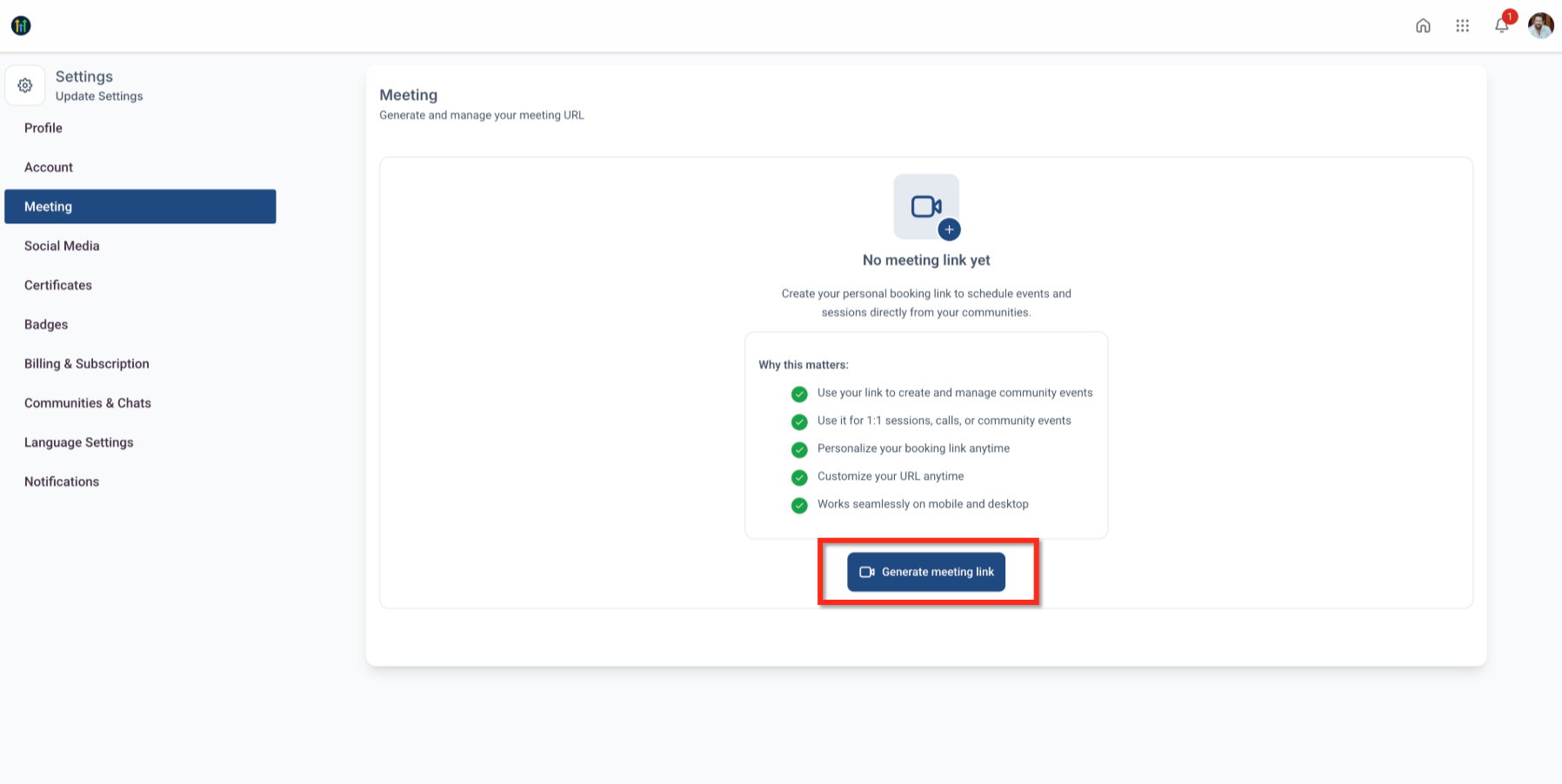 Communities Live Session Enhancements: Personal Meeting Links, Recordings Hub & Noise Cancellation – Step 2: Configure Your Personal Meeting Link