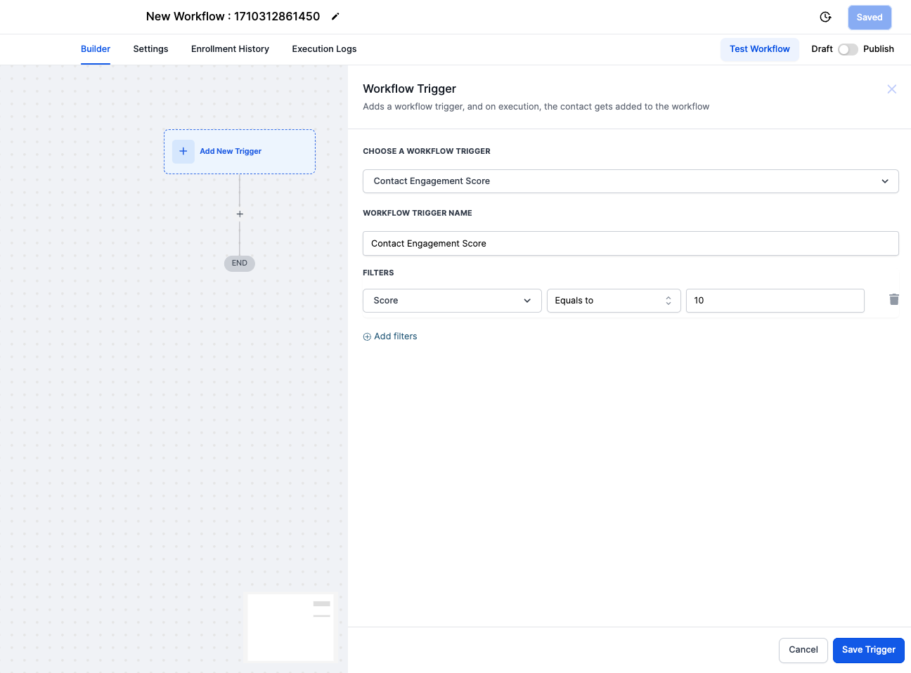 Contact Engagement Score Workflow – Available conditions include: